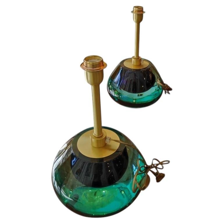 Pair of Round Italian Table Lamps in Light Green Murano Glass For Sale