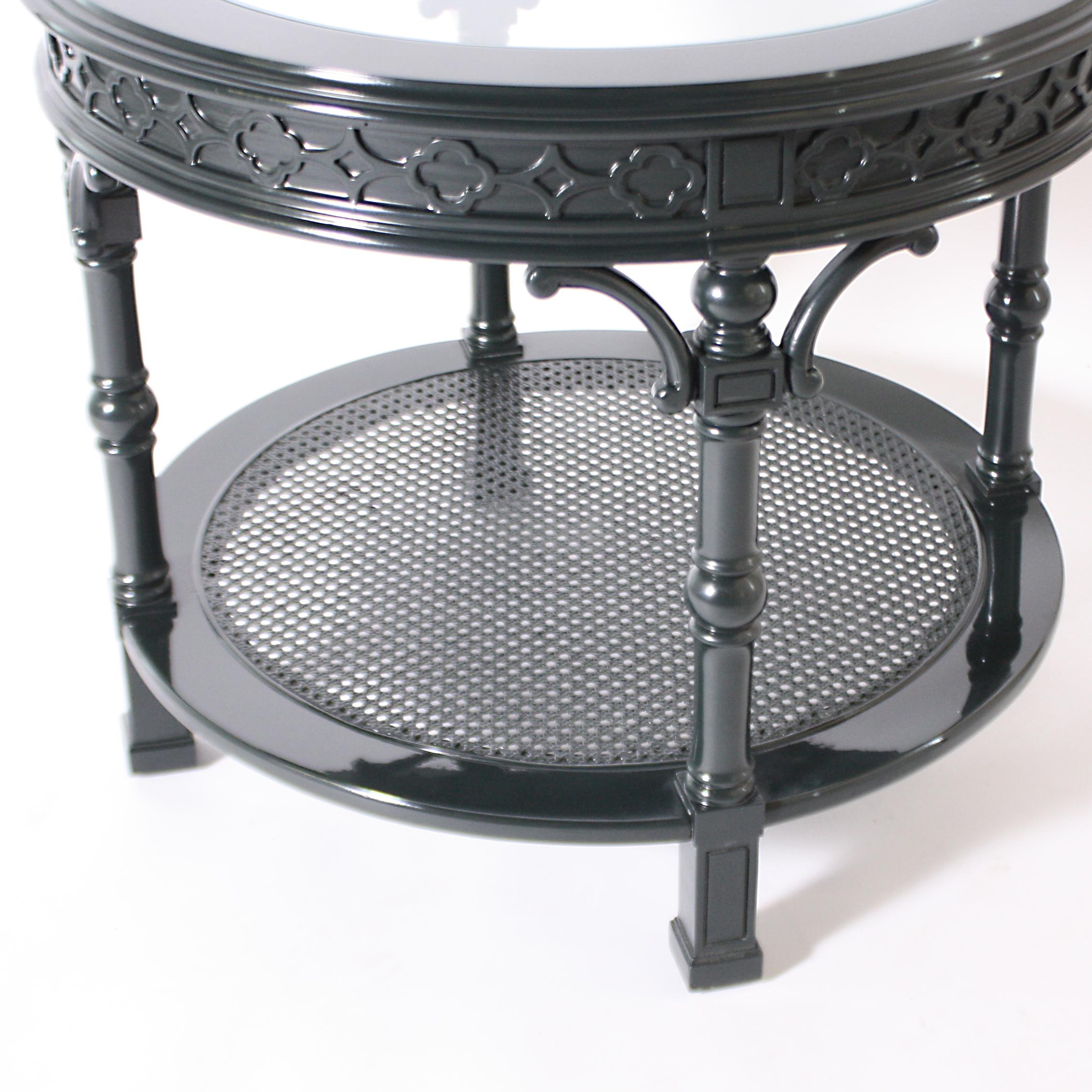 French Pair of Round Lacquered Side Tables with Glass Top Inserts, circa 1970