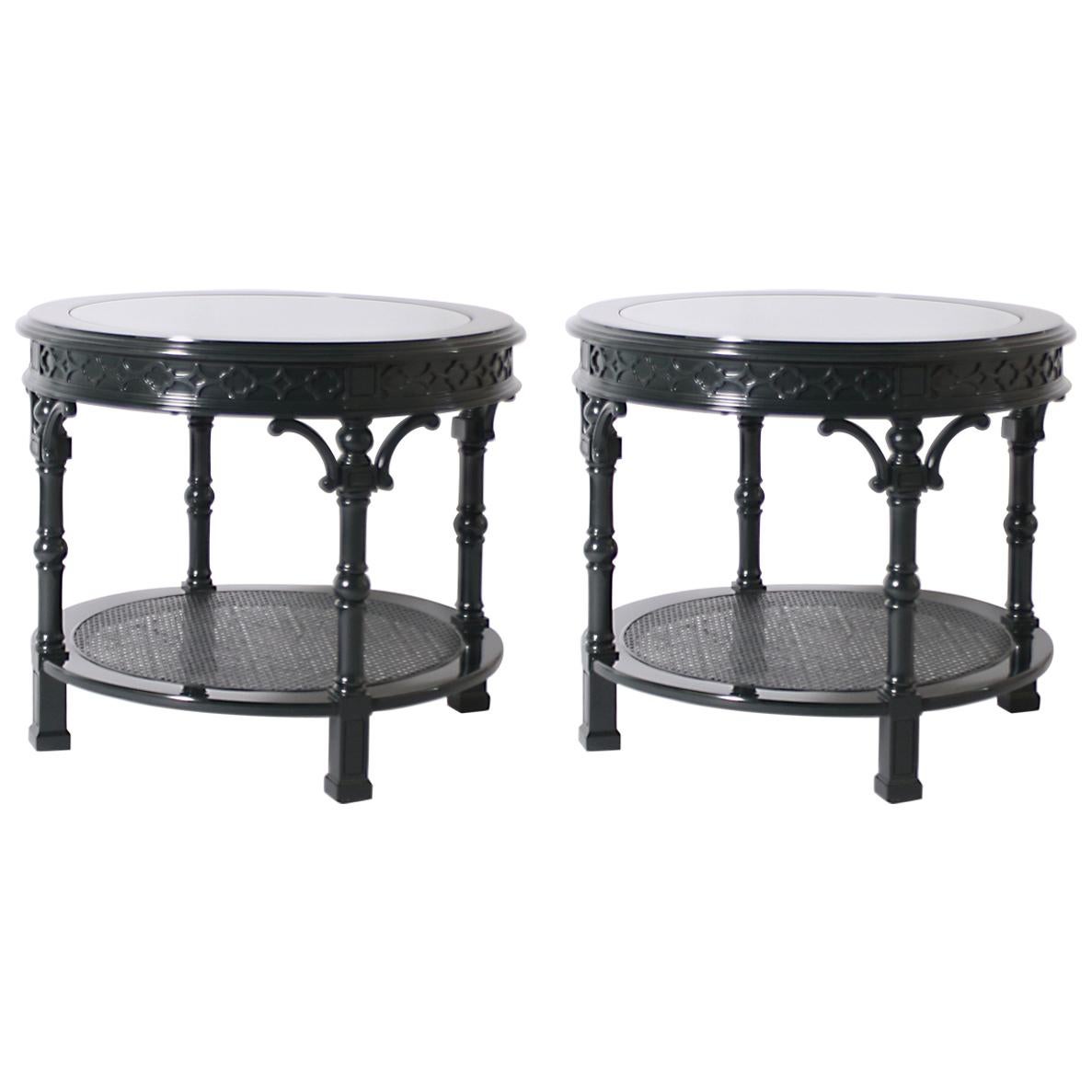 Pair of Round Lacquered Side Tables with Glass Top Inserts, circa 1970