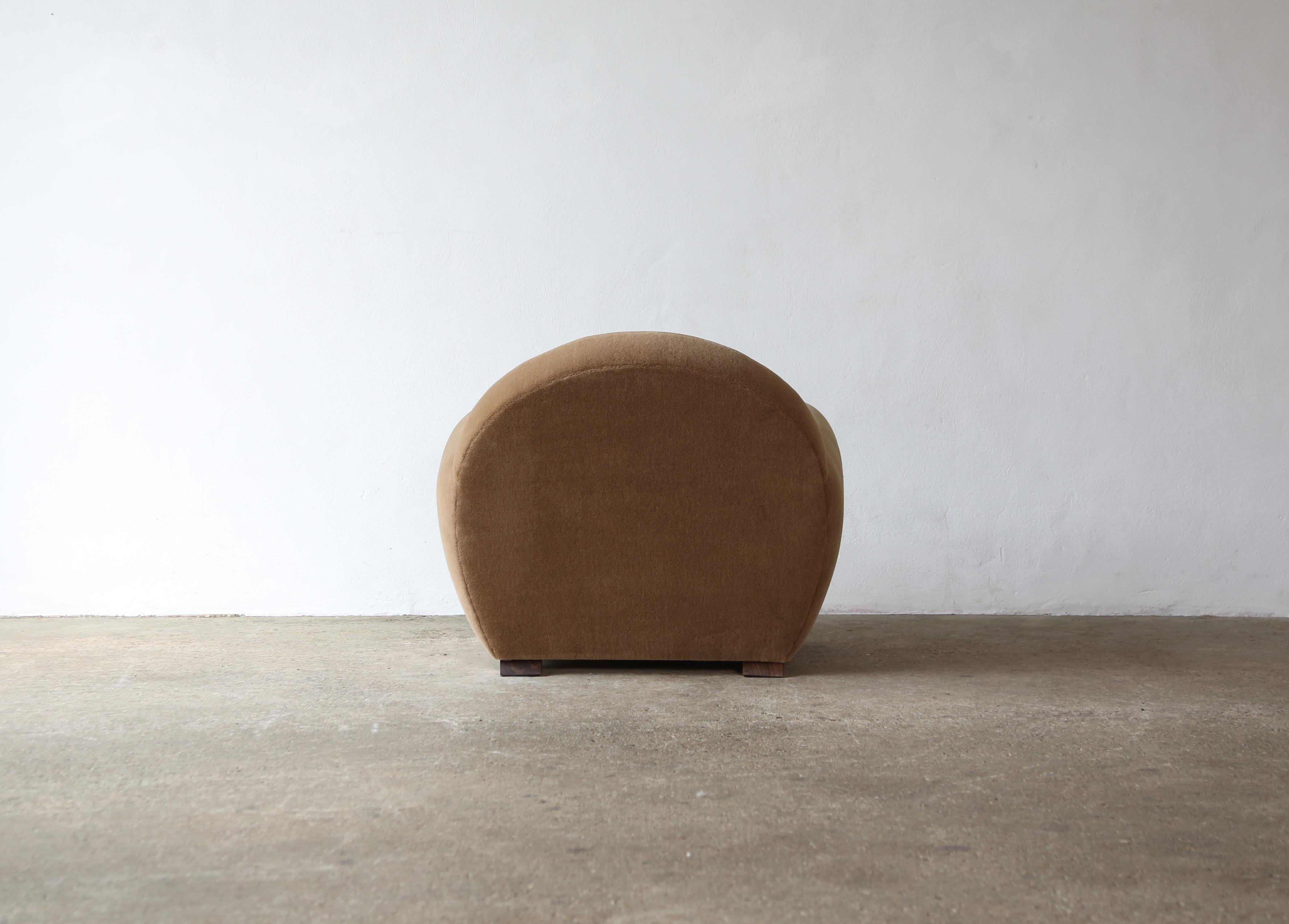 Pair of Round Leaning Club Chairs, Upholstered in COM For Sale 9