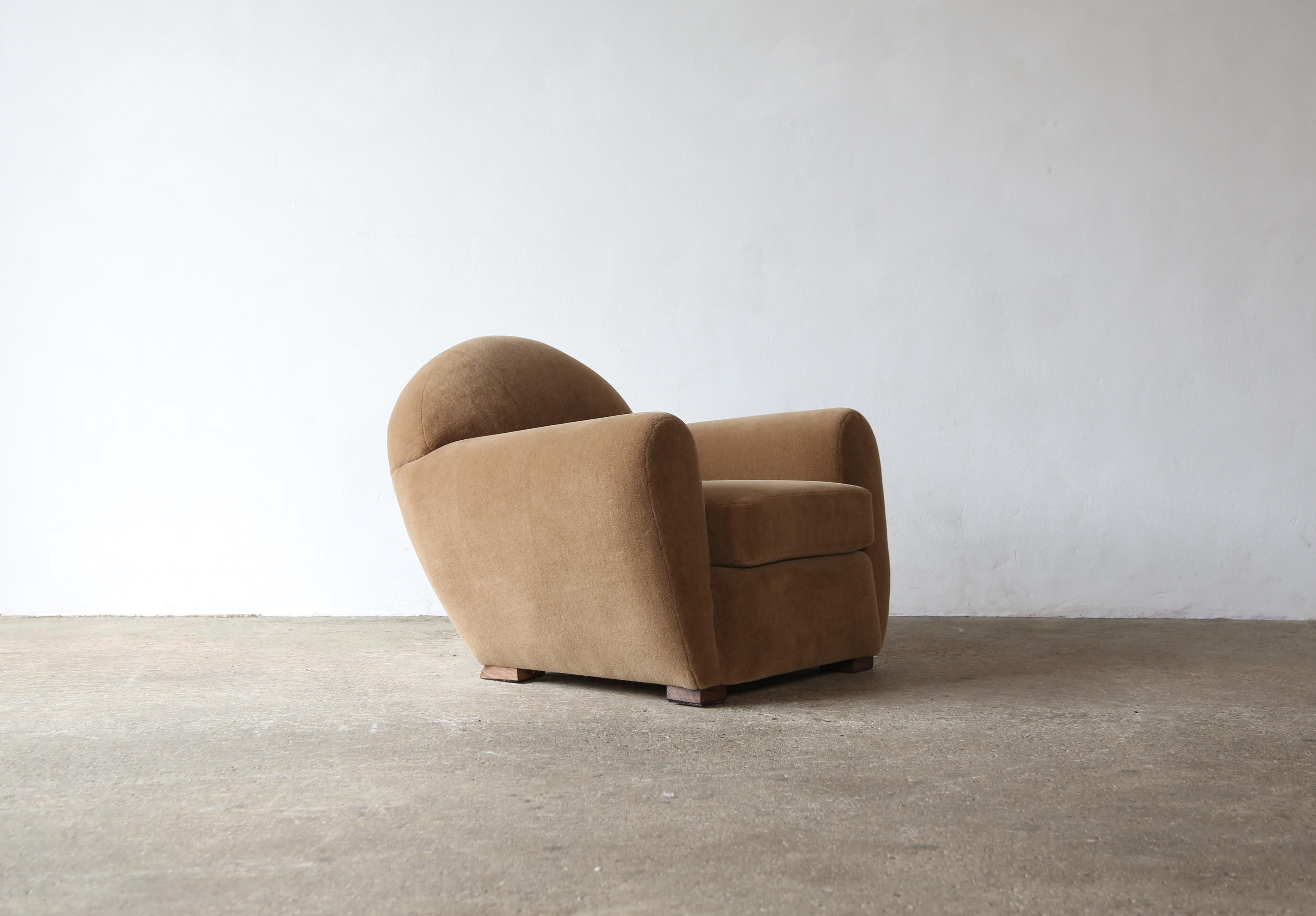 Pair of Round Leaning Club Chairs, Upholstered in COM For Sale 11