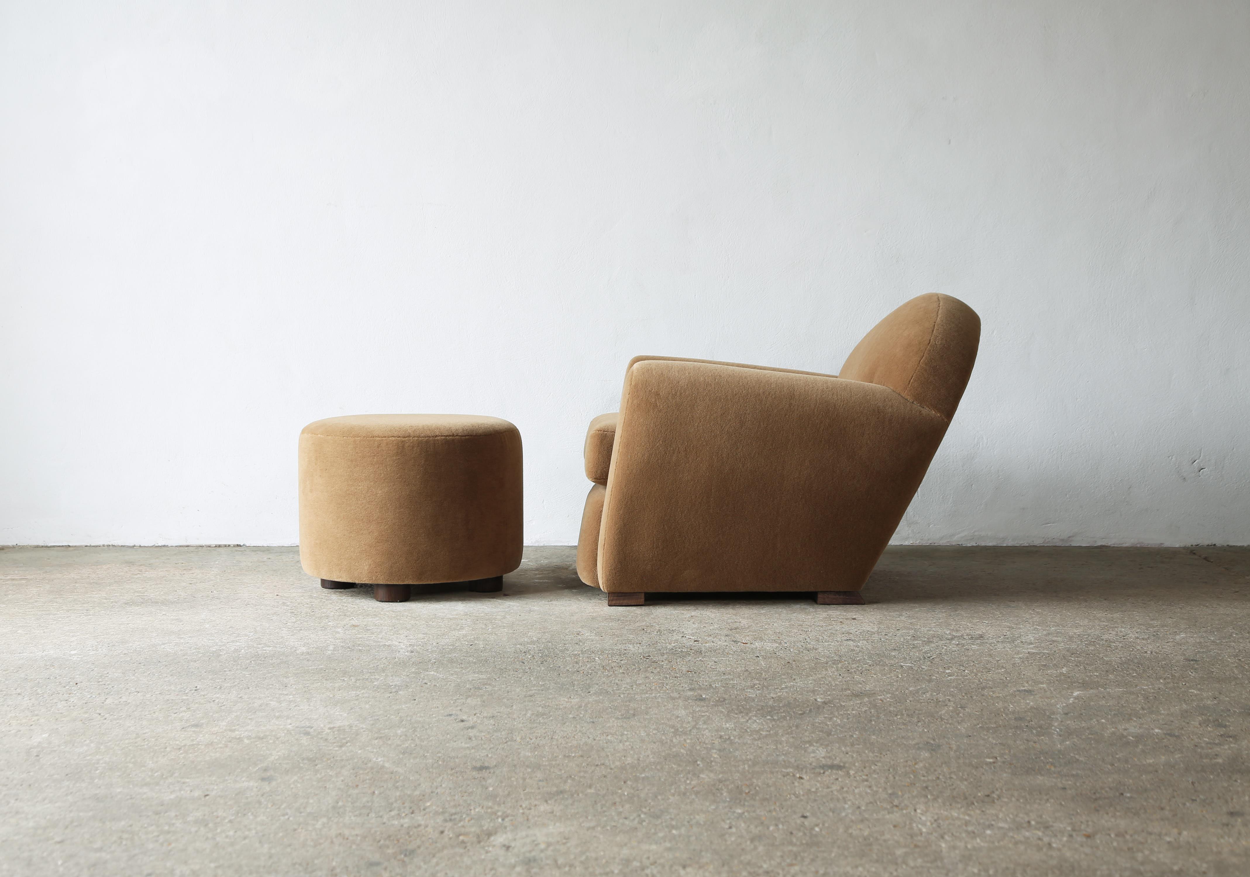Pair of Round Leaning Club Chairs, Upholstered in COM For Sale 12