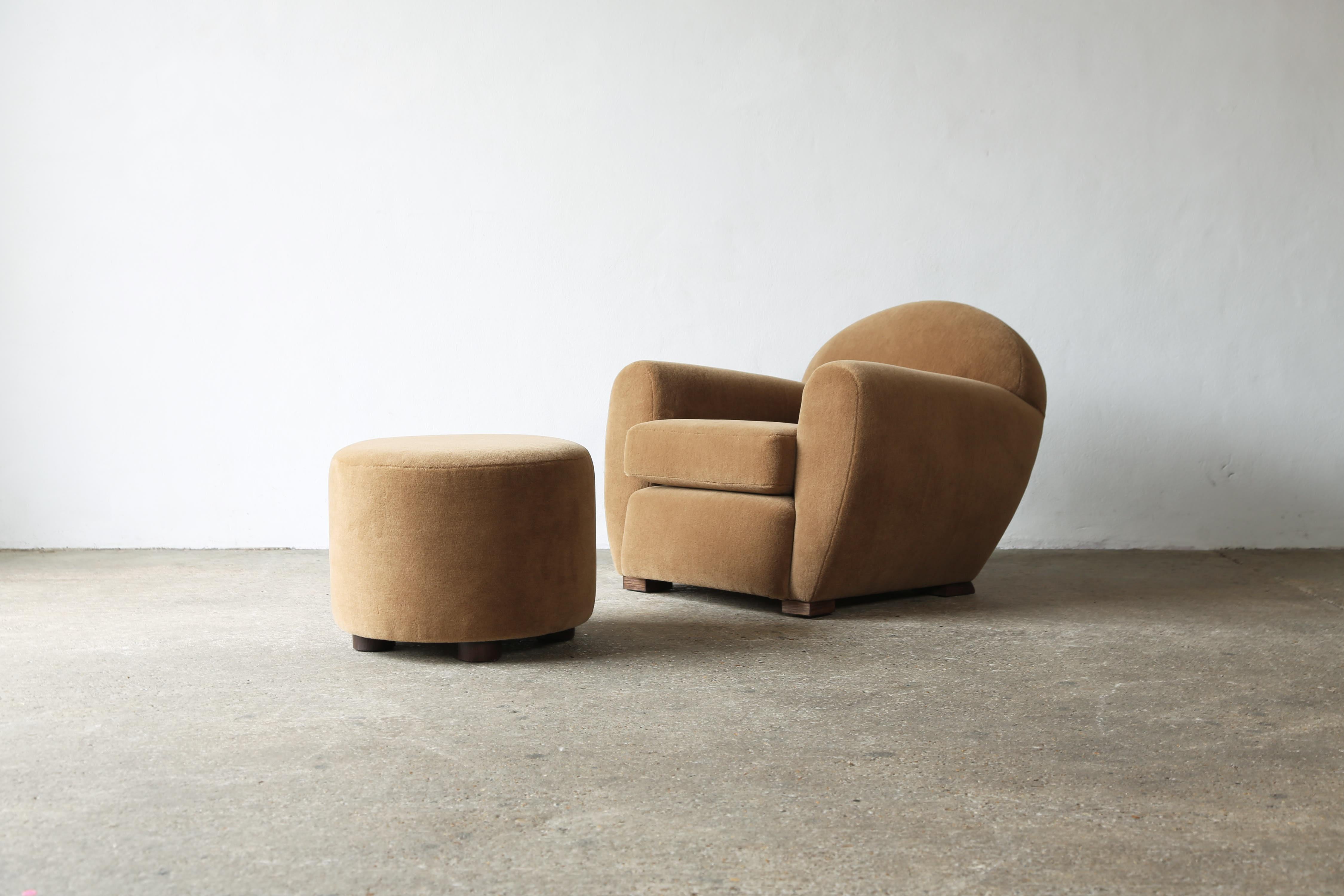 Pair of Round Leaning Club Chairs, Upholstered in COM For Sale 13