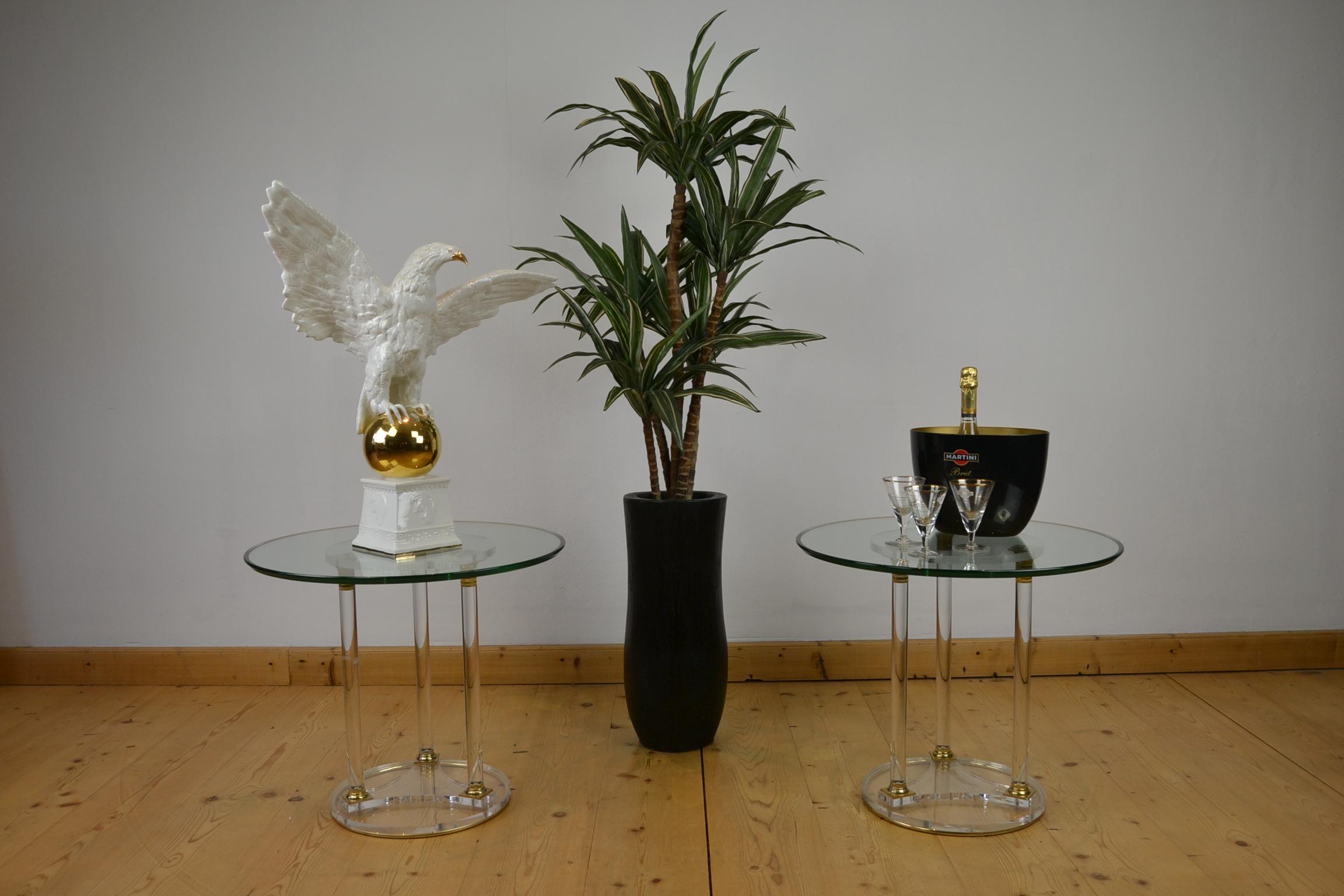Pair of Round Lucite with Brass Side Tables, French Modern Design Tables , 1970s For Sale 10