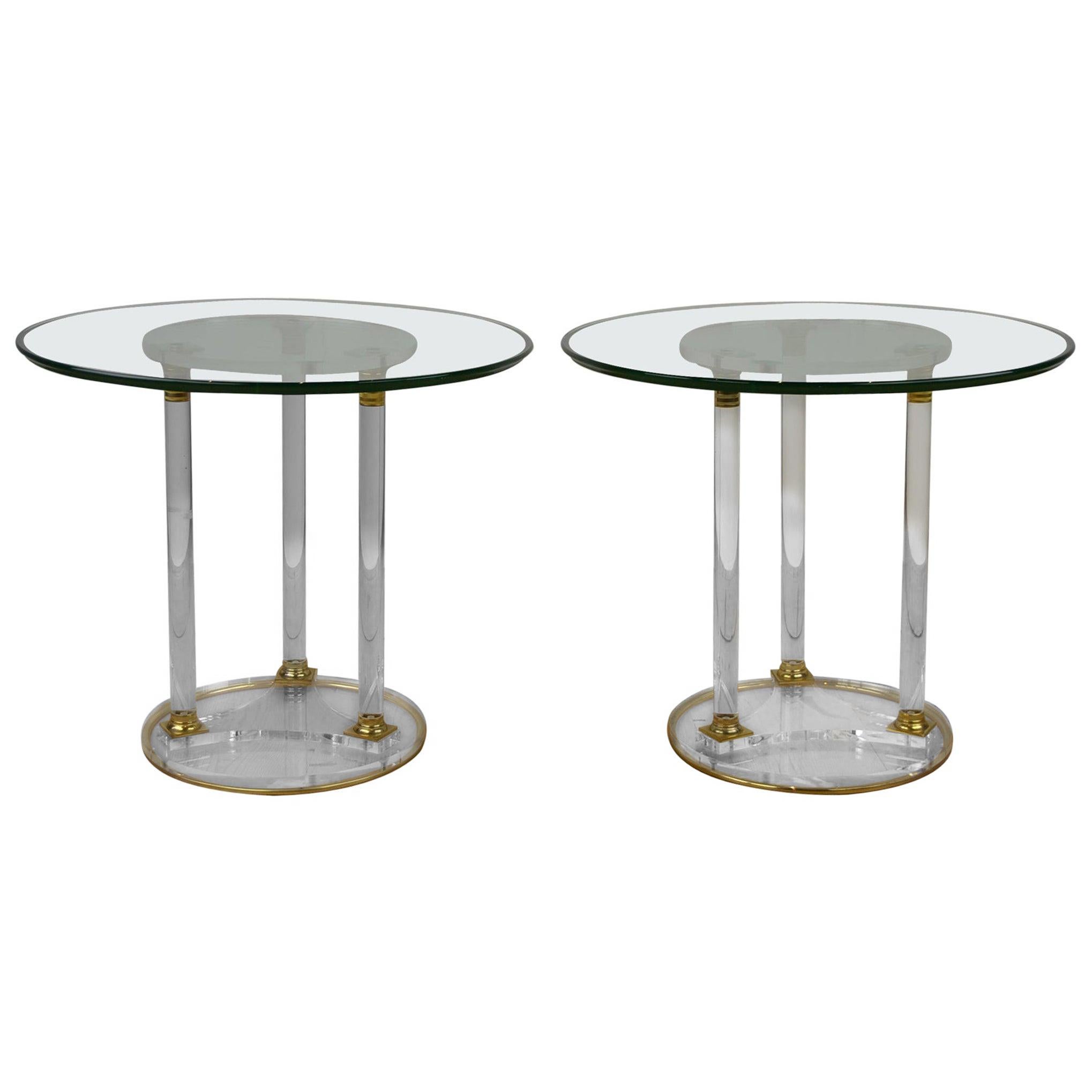 Pair of Round Lucite with Brass Side Tables, French Modern Design Tables , 1970s