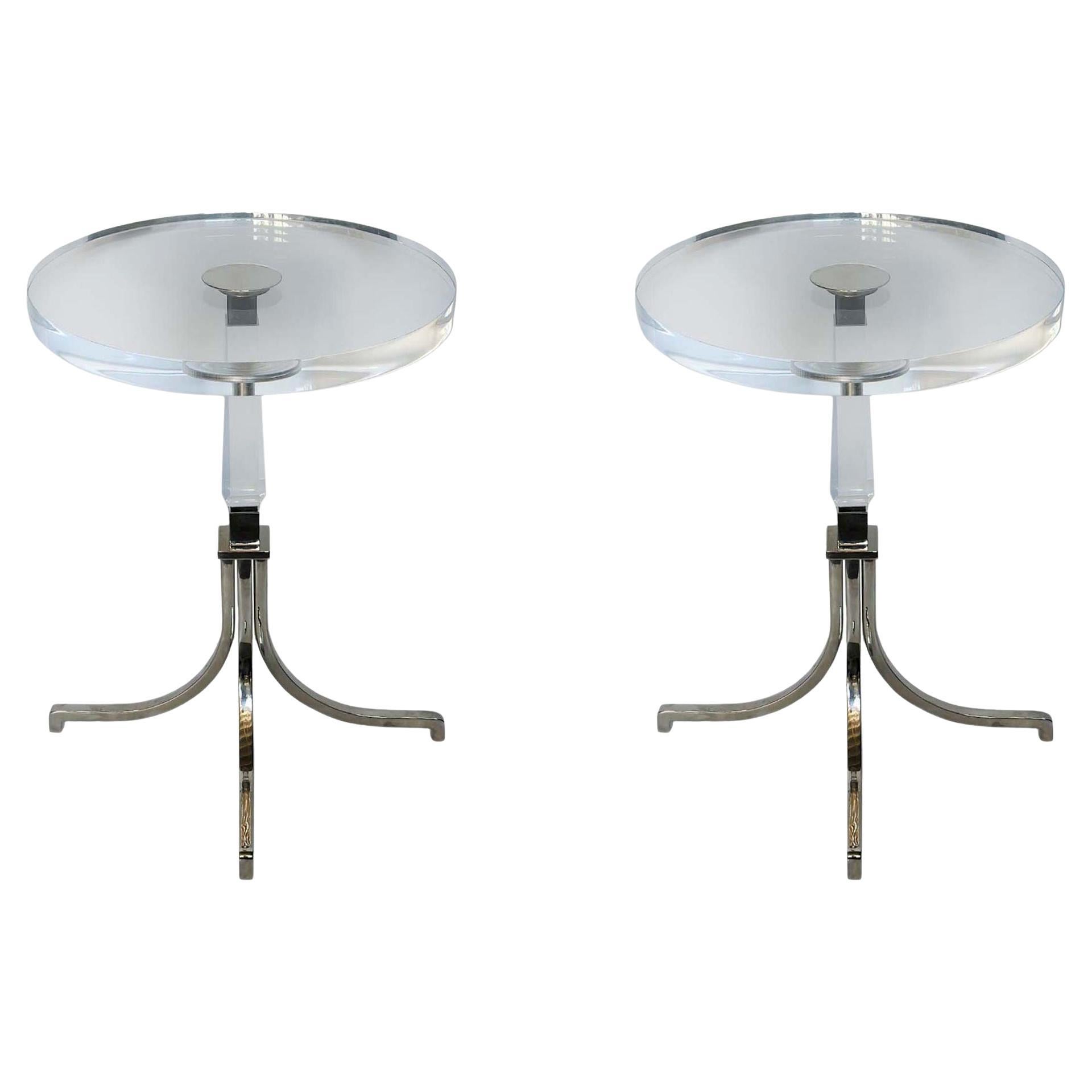 Pair of Round Lucite and Chrome Side Tables by Charles Hollis Jones, c. 1970's For Sale