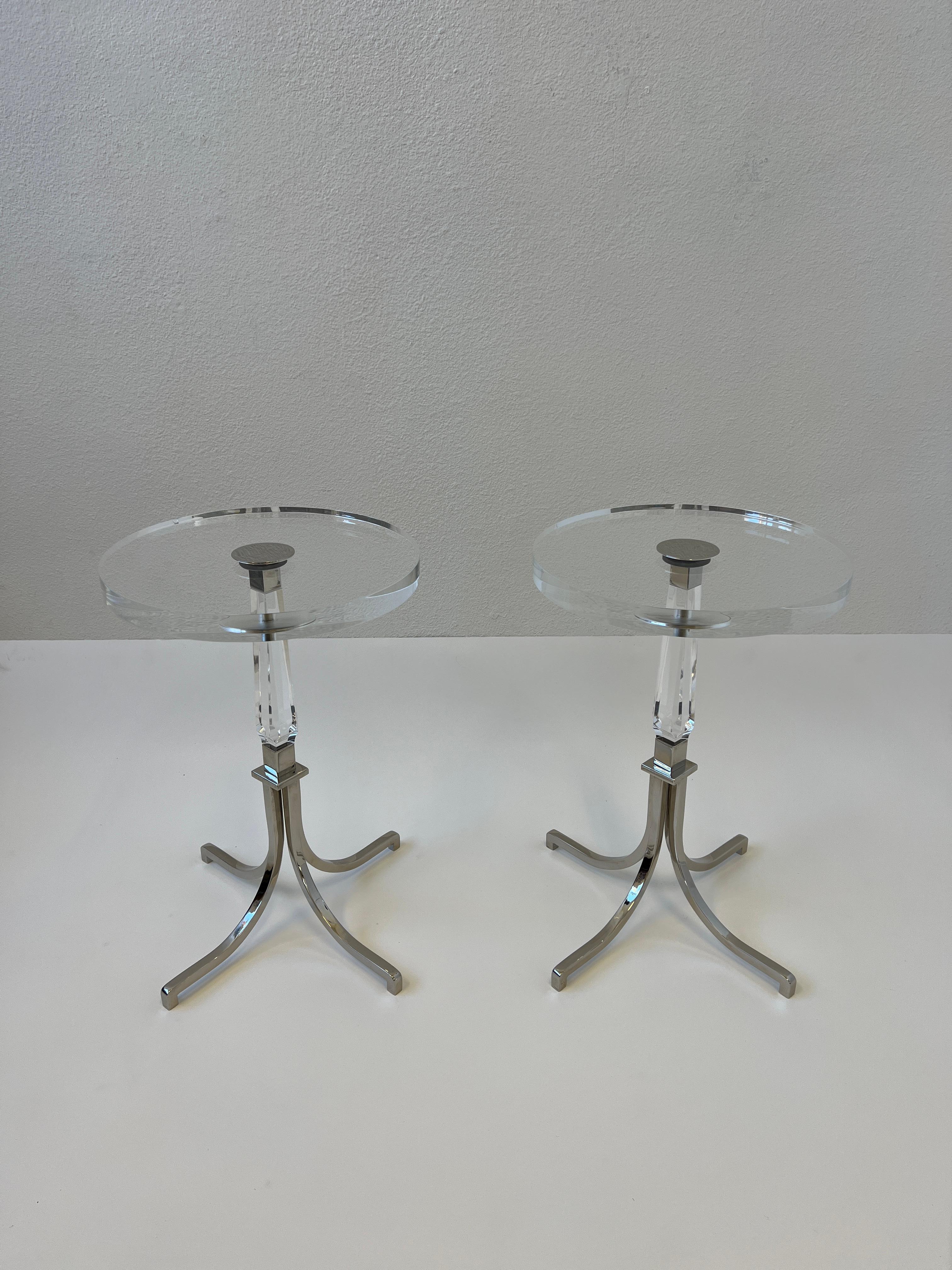 American Pair of Round Lucite and Chrome Side Tables by Charles Hollis Jones For Sale