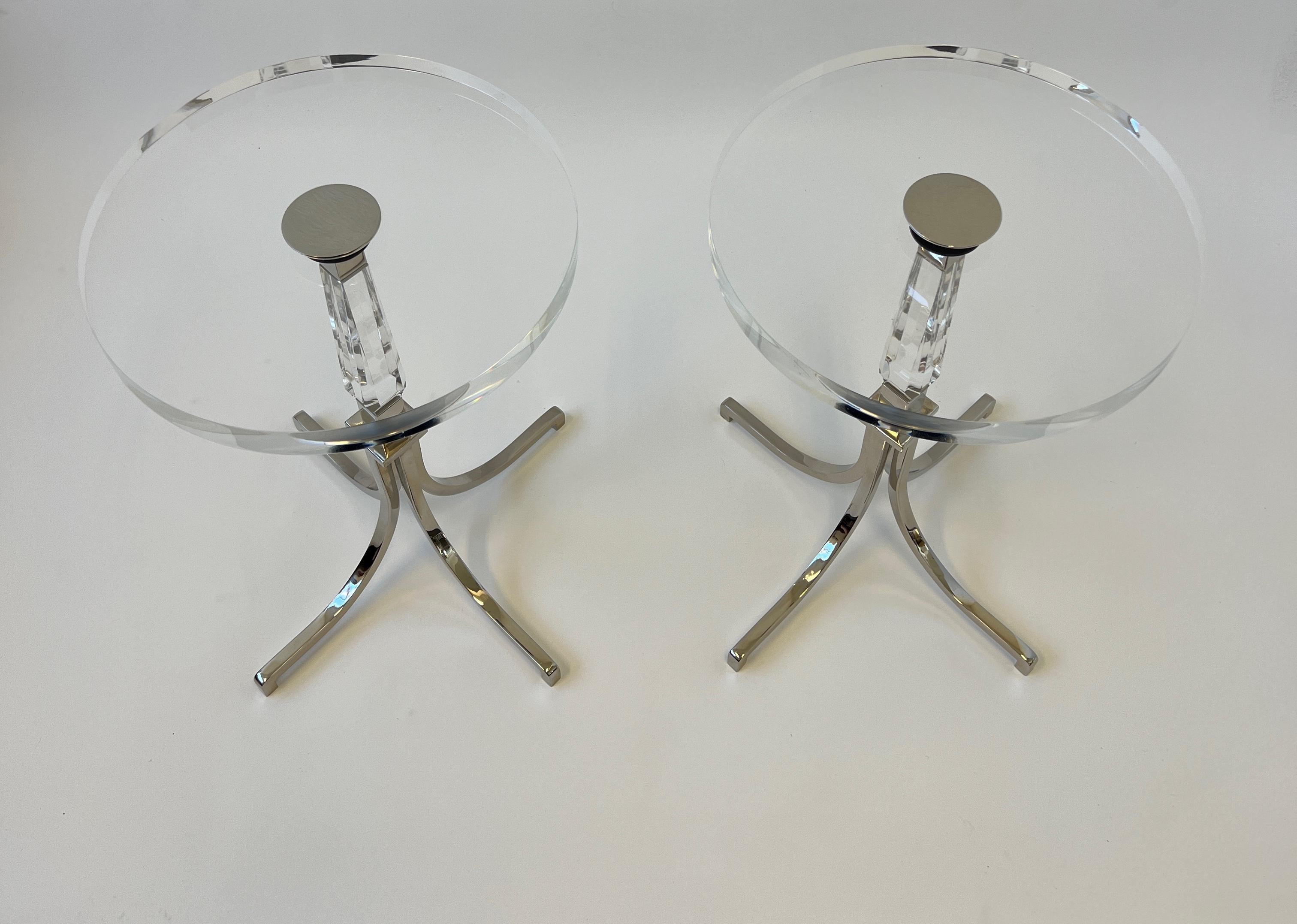 Polished Pair of Round Lucite and Chrome Side Tables by Charles Hollis Jones For Sale