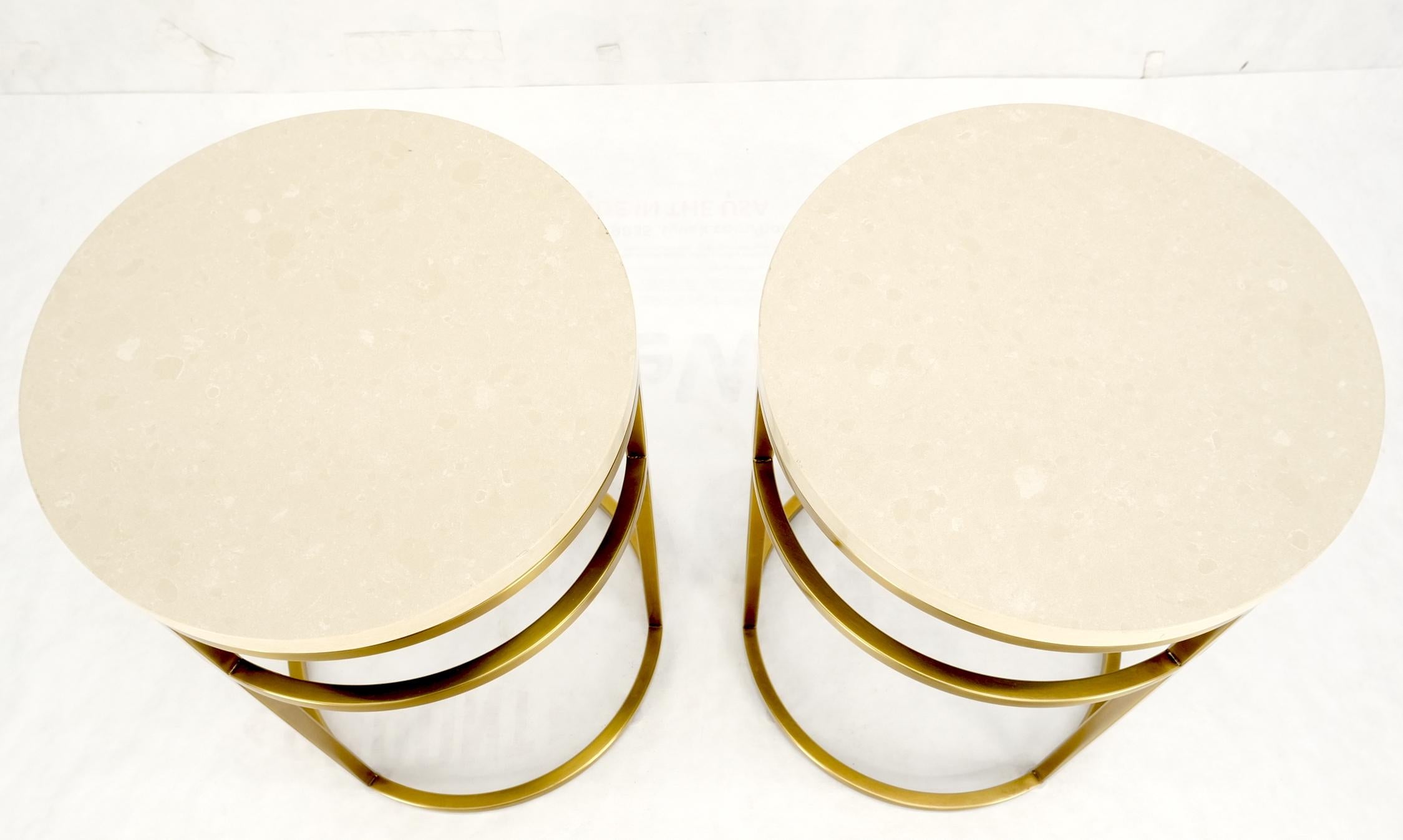 Pair of Round Marble Stone Top Square Brass Profile Base End Side Tables Stands  For Sale 6