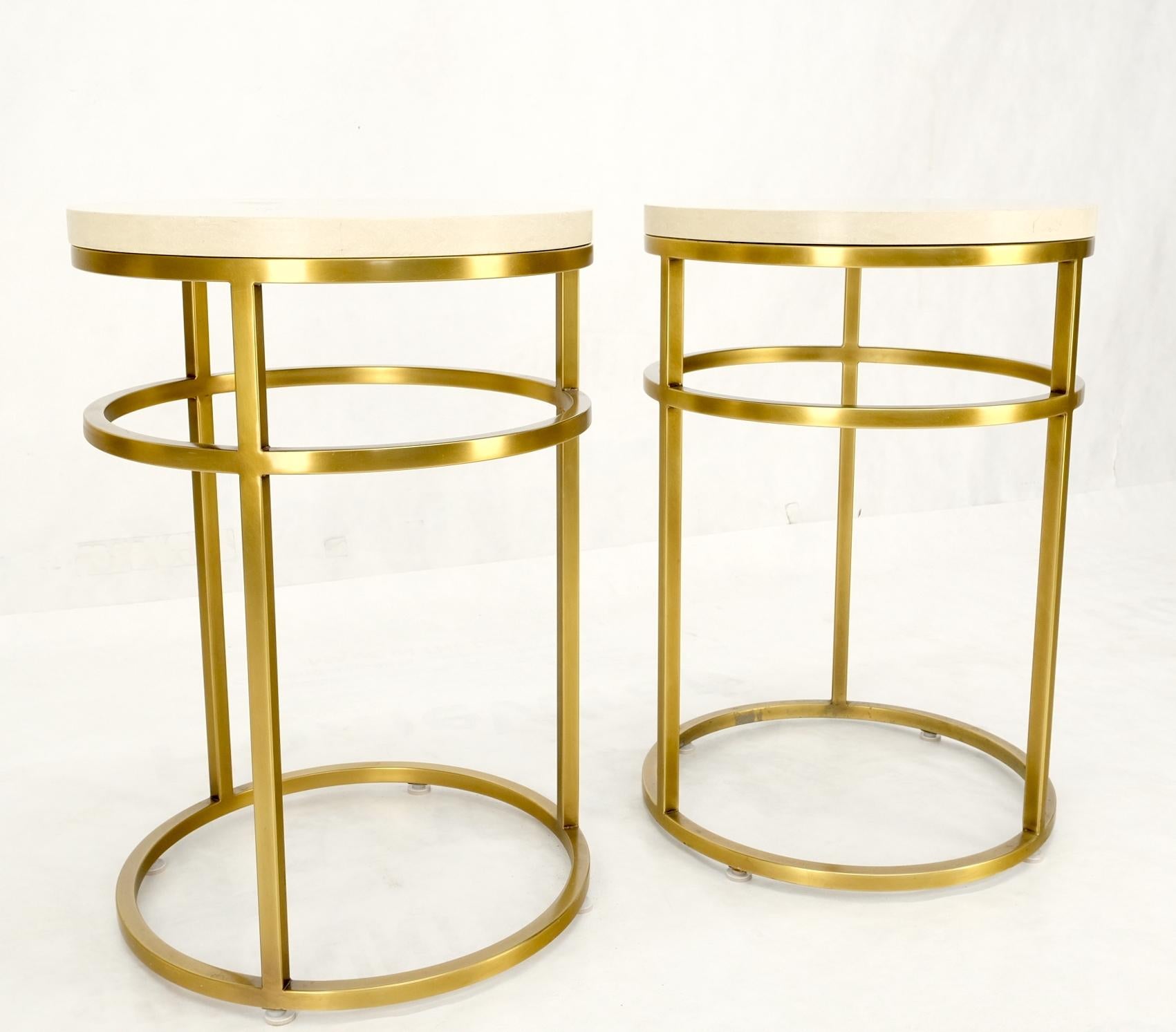 Pair of Round Marble Stone Top Square Brass Profile Base End Side Tables Stands  For Sale 7