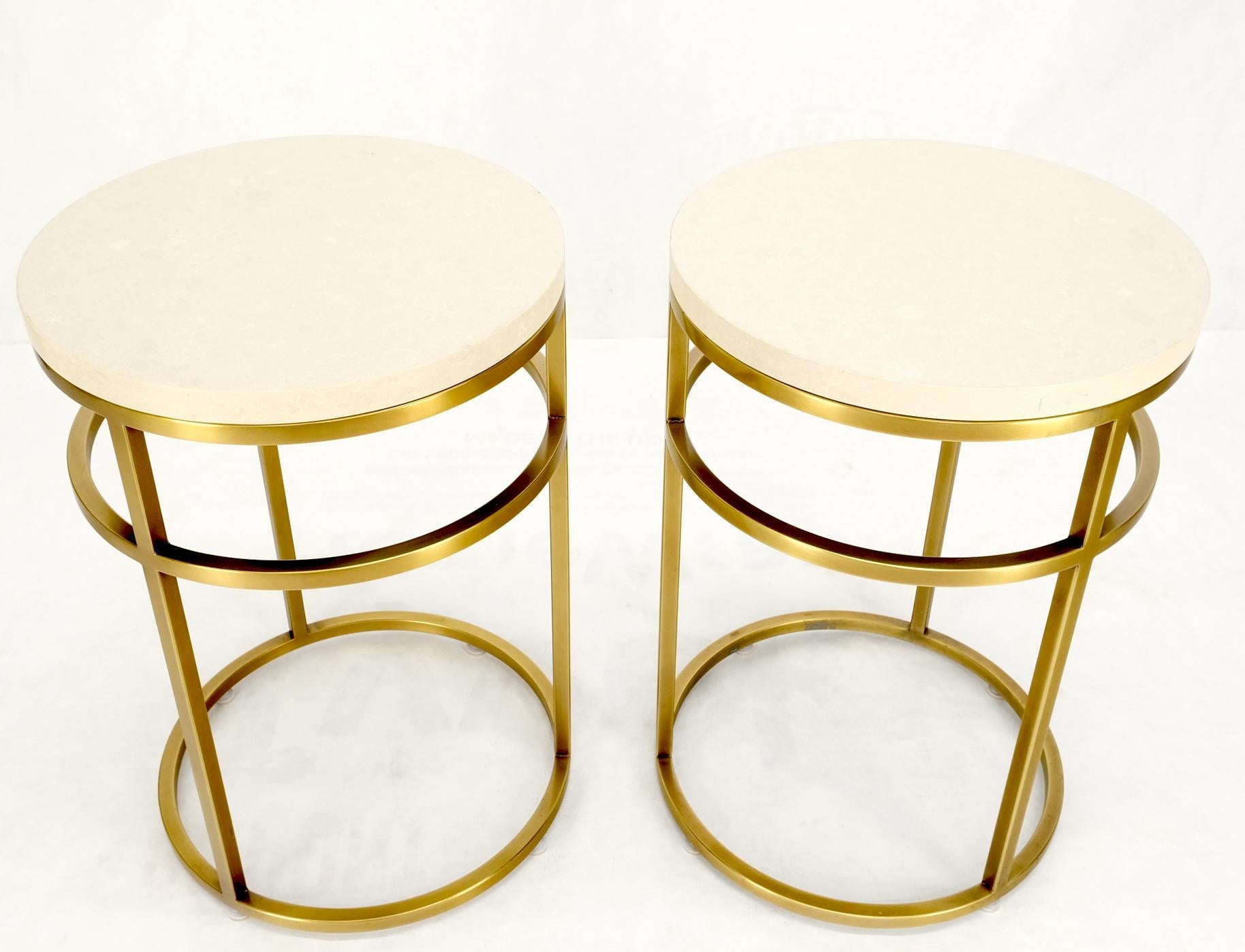 Pair of Round Marble Stone Top Square Brass Profile Base End Side Tables Stands McCobb Style