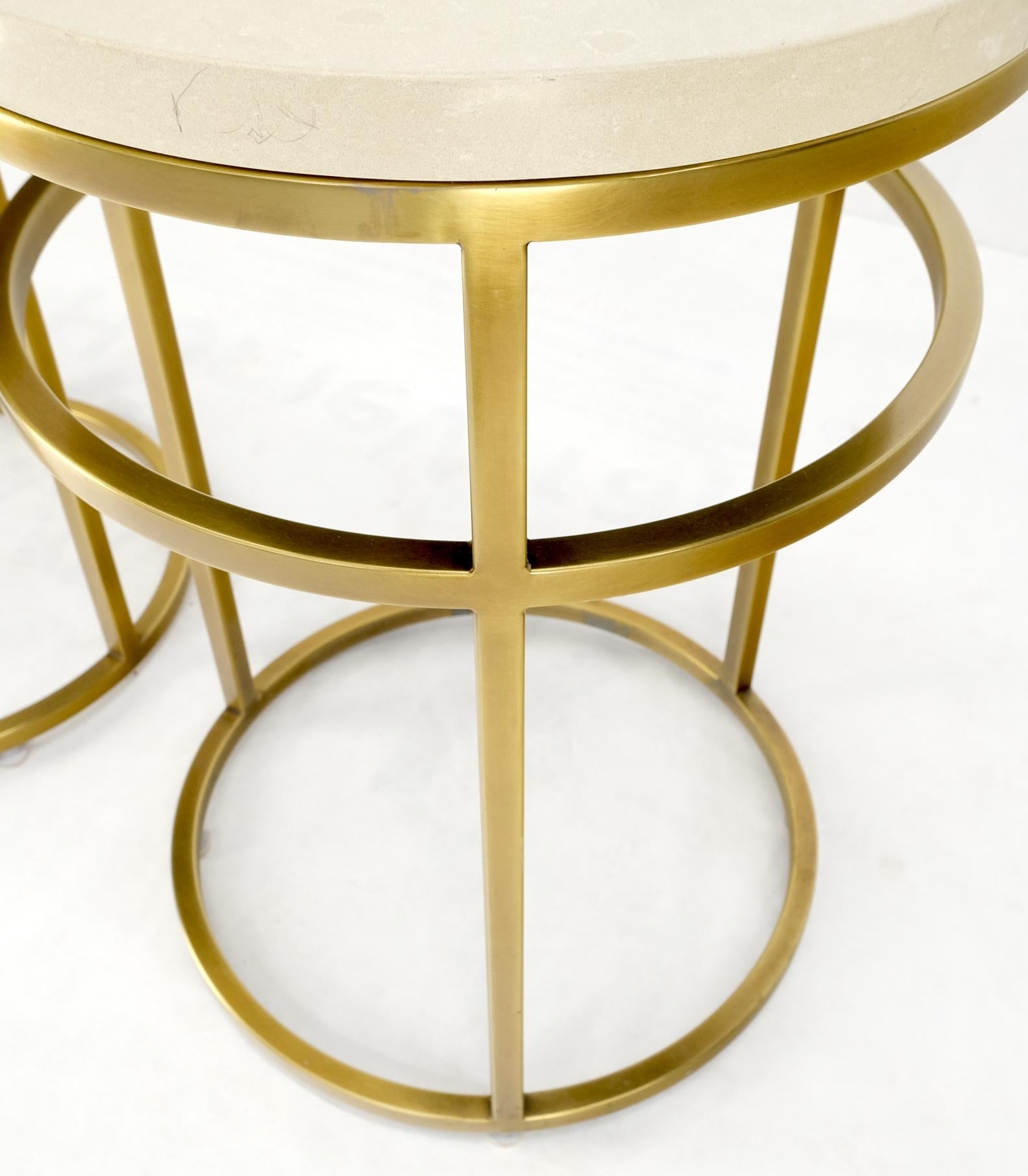 Pair of Round Marble Stone Top Square Brass Profile Base End Side Tables Stands  In Good Condition For Sale In Rockaway, NJ
