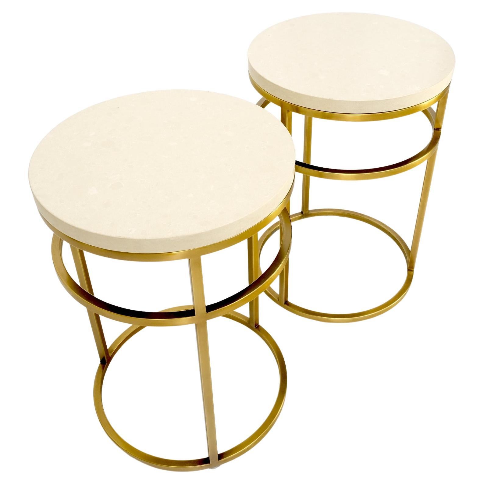 Pair of Round Marble Stone Top Square Brass Profile Base End Side Tables Stands  For Sale