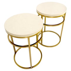 Pair of Round Marble Stone Top Square Brass Profile Base End Side Tables Stands 