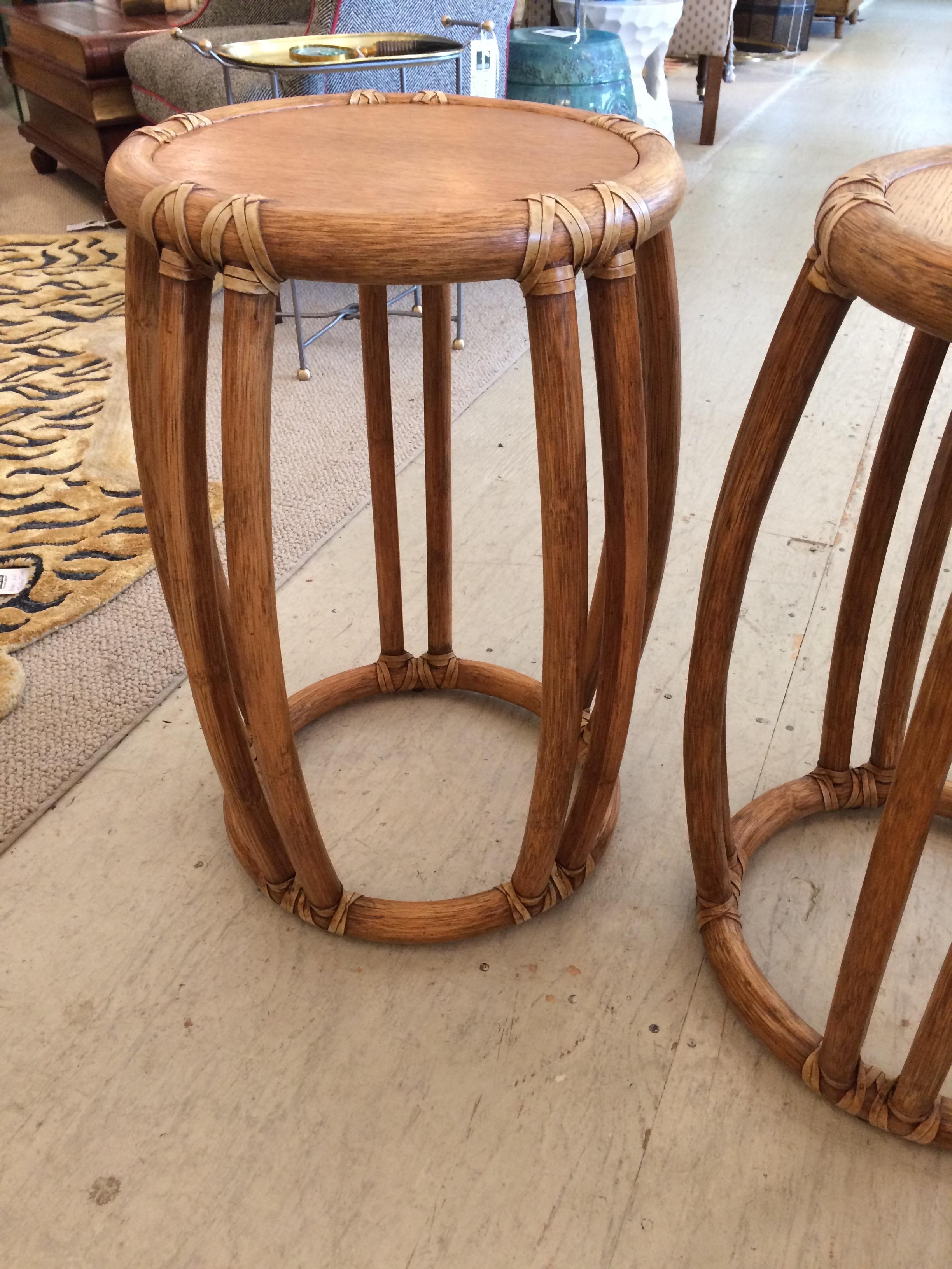 American Pair of Round McGuire Wood and Rattan Trimmed Side Tables
