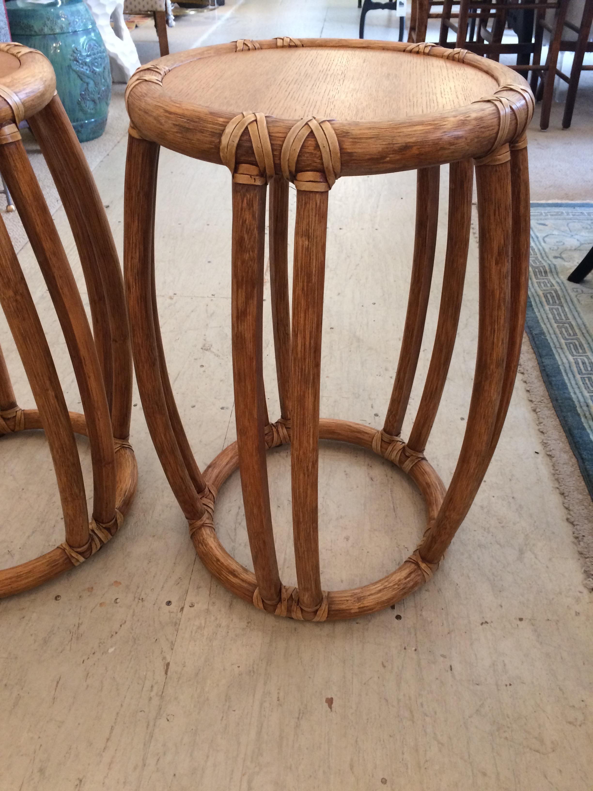 Pair of Round McGuire Wood and Rattan Trimmed Side Tables In Excellent Condition In Hopewell, NJ