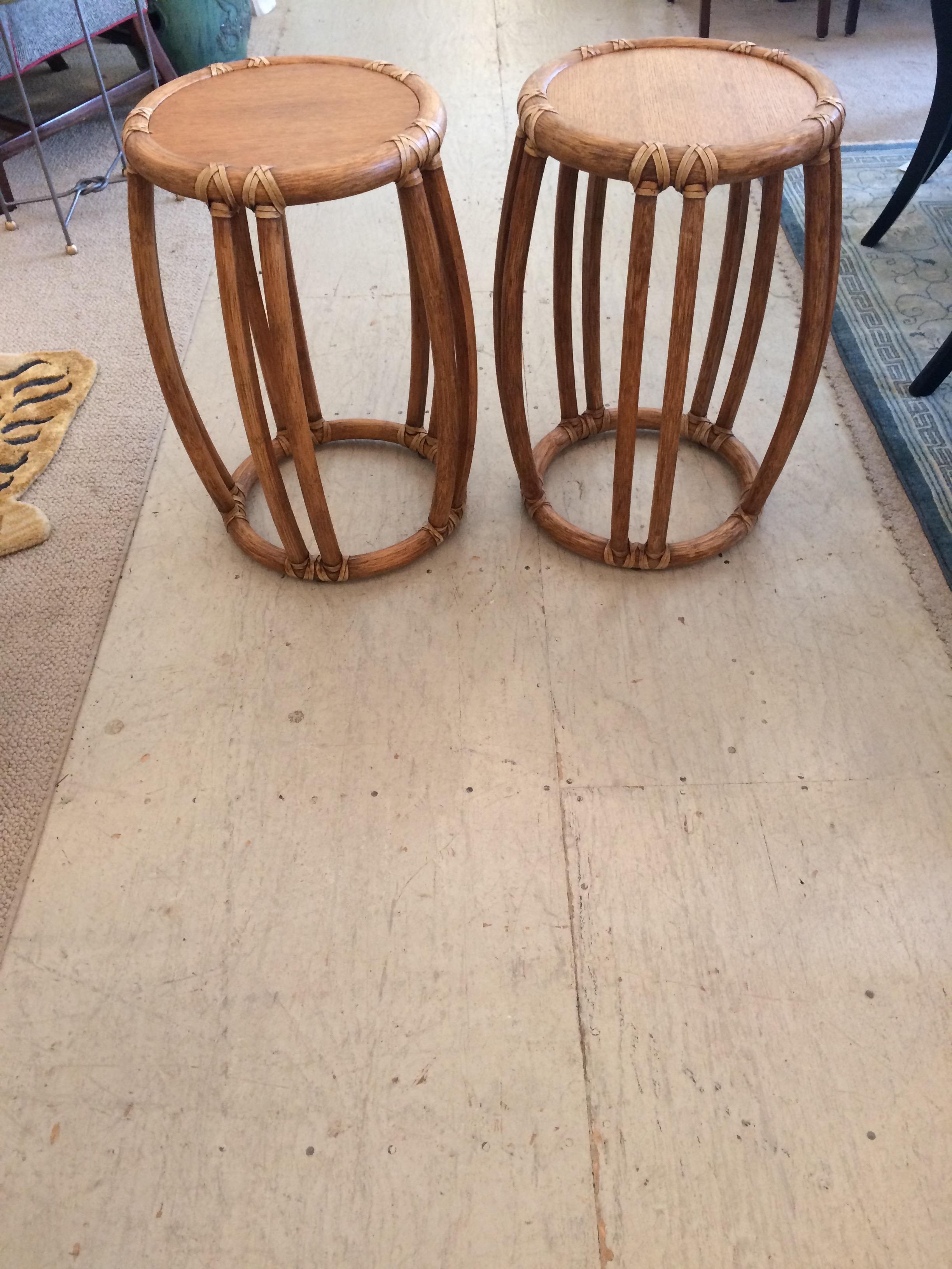 Pair of Round McGuire Wood and Rattan Trimmed Side Tables 1