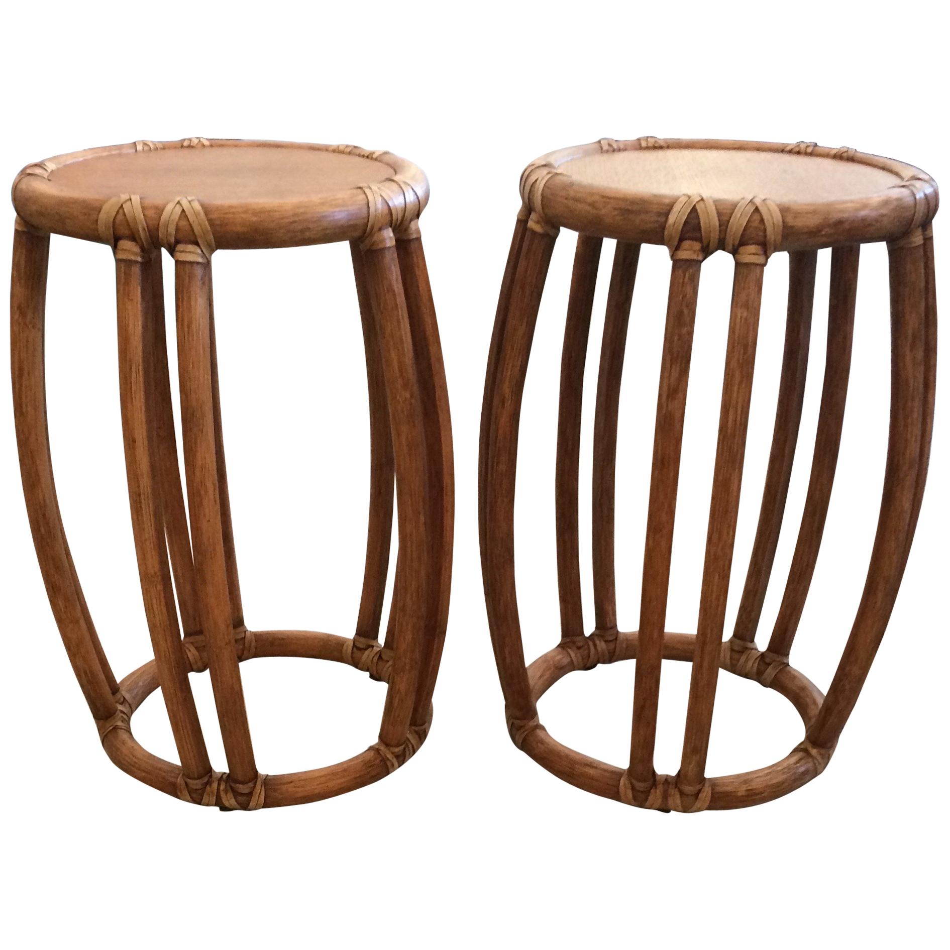 Pair of Round McGuire Wood and Rattan Trimmed Side Tables