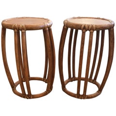 Pair of Round McGuire Wood and Rattan Trimmed Side Tables