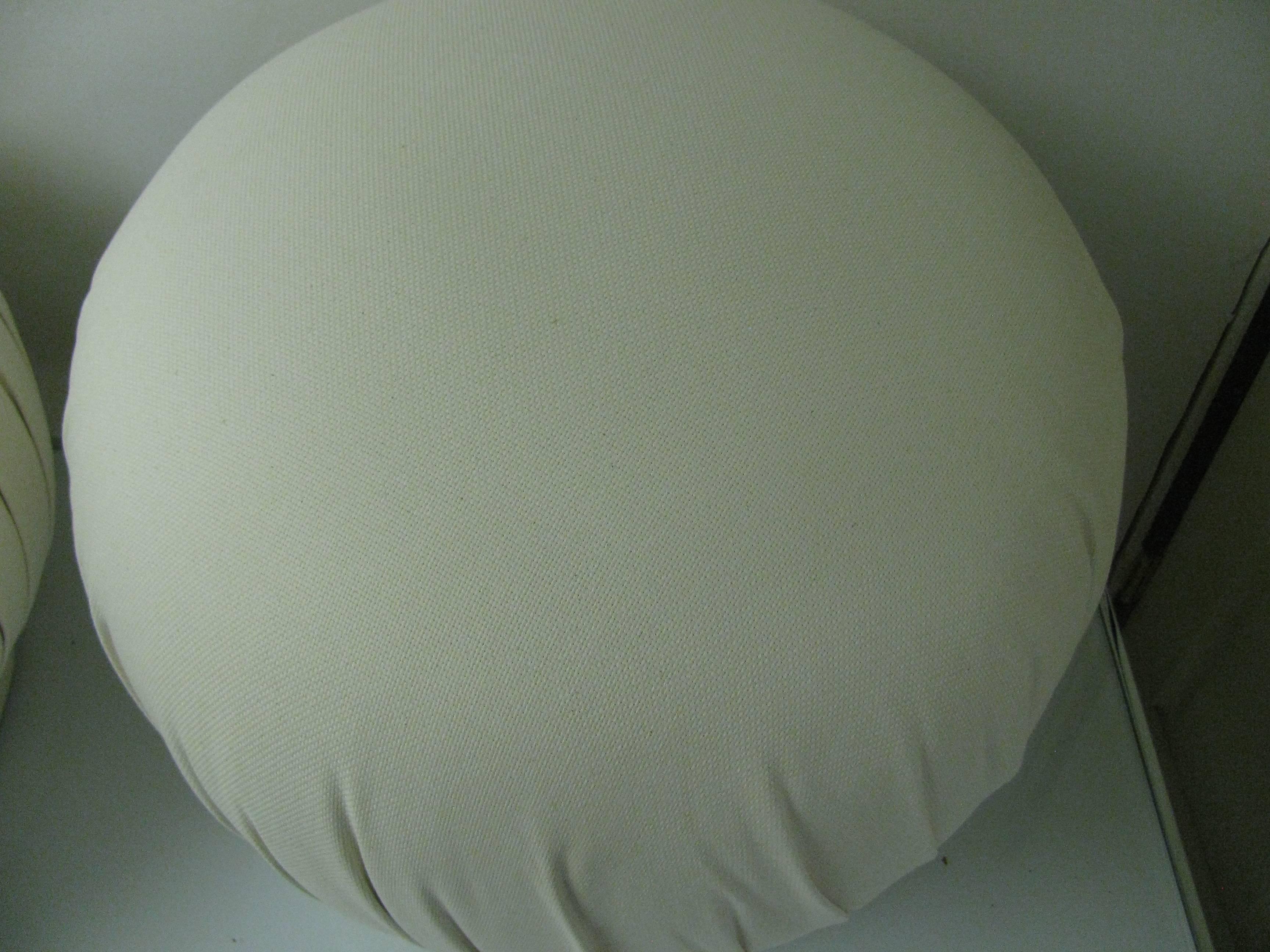 Fabric Pair of Round Mid-Century Modern His & Her Poufs For Sale