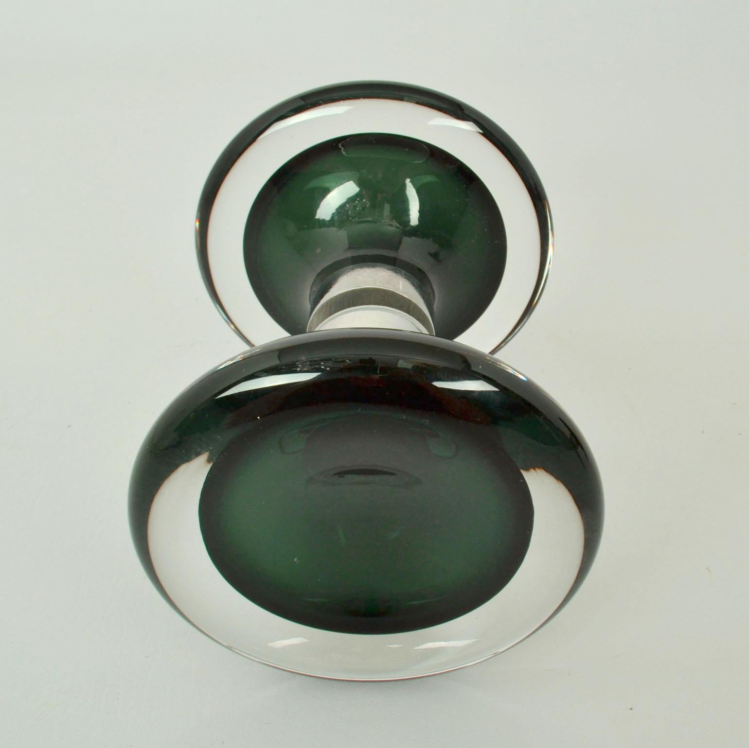 Mid-Century Modern Architectural Double Door Handles Pair Minimal Round Murano Emerald Green Glass 