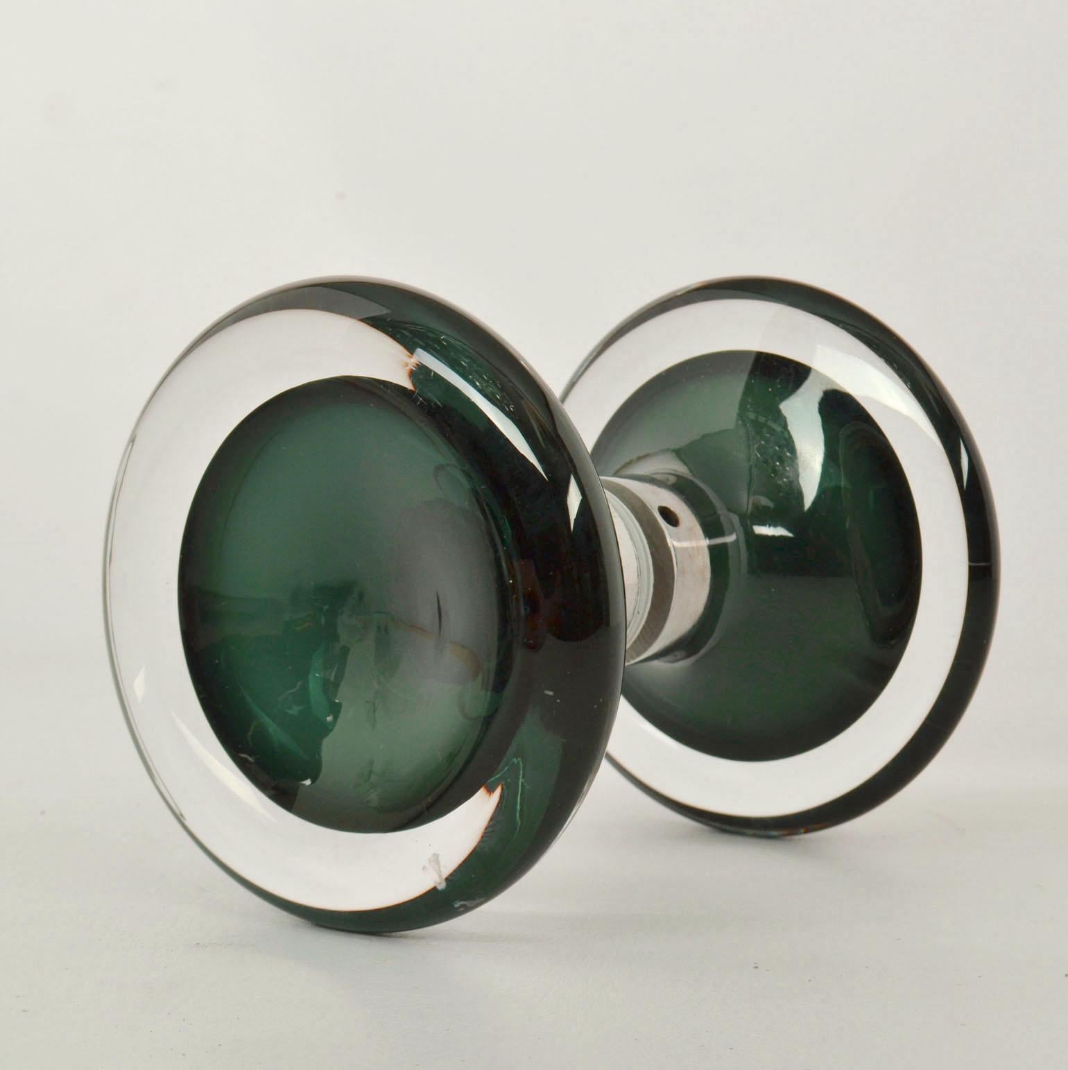 Italian Architectural Double Door Handles Pair Minimal Round Murano Emerald Green Glass 