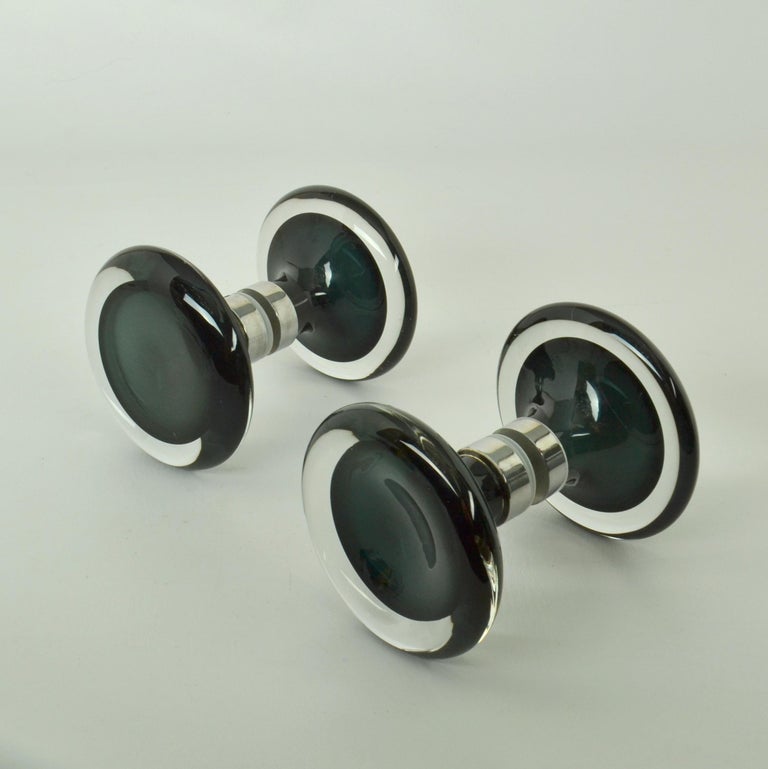 Double Door Handles Pair Minimal Round Murano Emerald Green Glass For