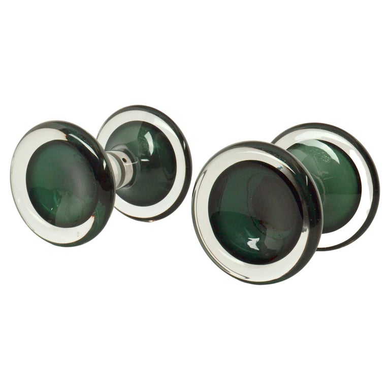 Double Door Handles Pair Minimal Round Murano Emerald Green Glass For