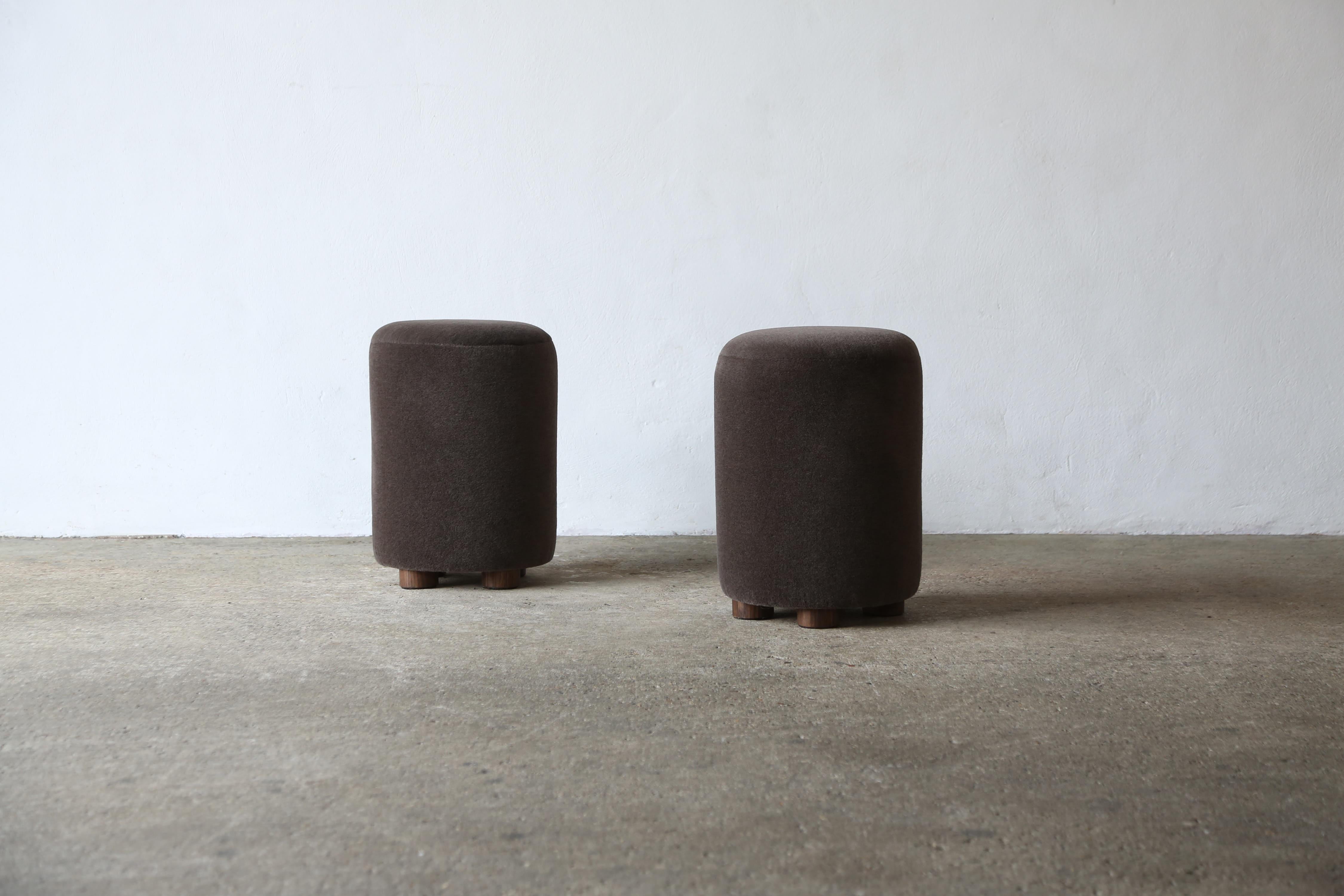 Scandinavian Modern Pair of Round Ottomans / Footstools in Pure Alpaca For Sale