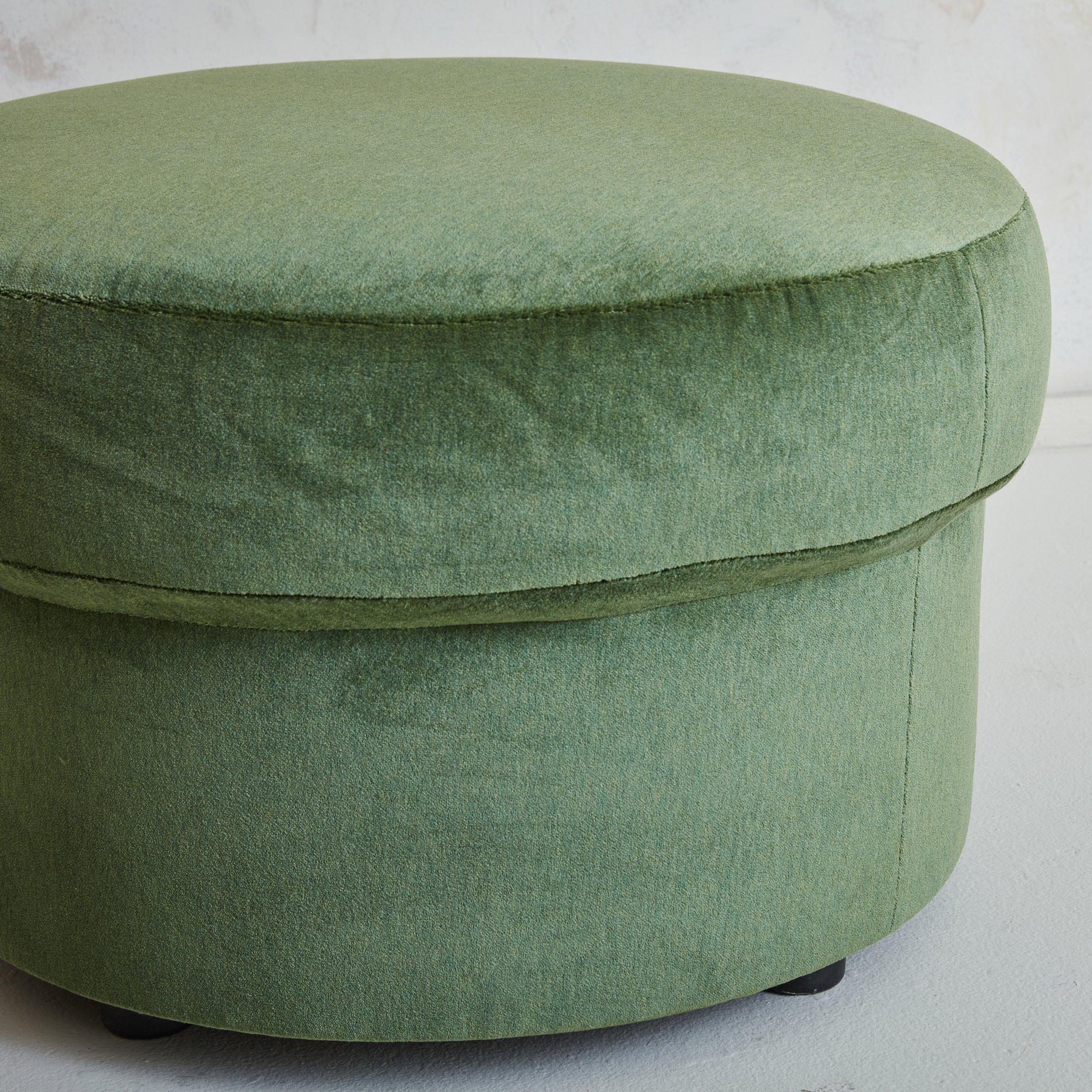 Modern Pair of Round Ottomans in Sage Green Velvet, France 1960s For Sale