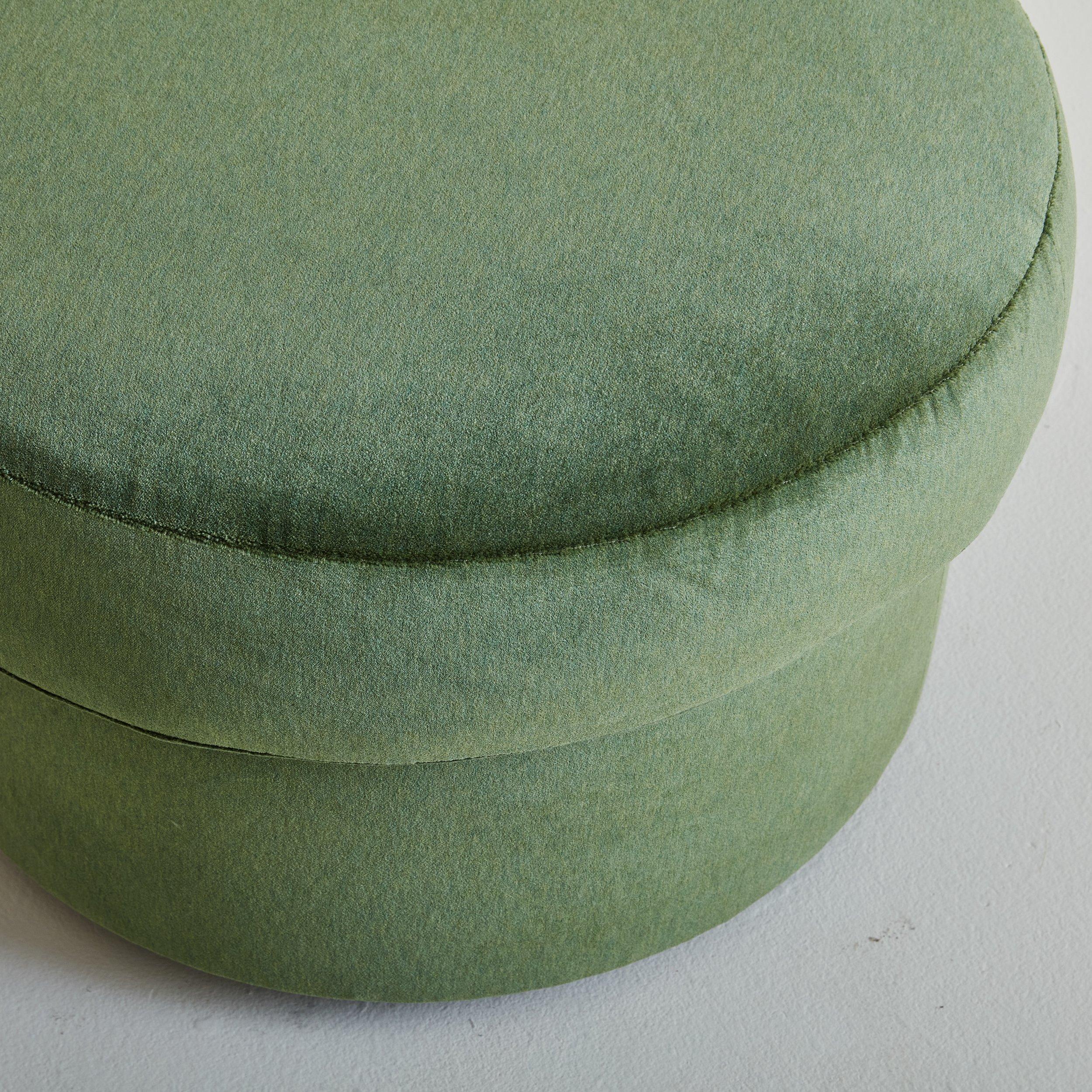 Pair of Round Ottomans in Sage Green Velvet, France 1960s In Excellent Condition For Sale In Chicago, IL