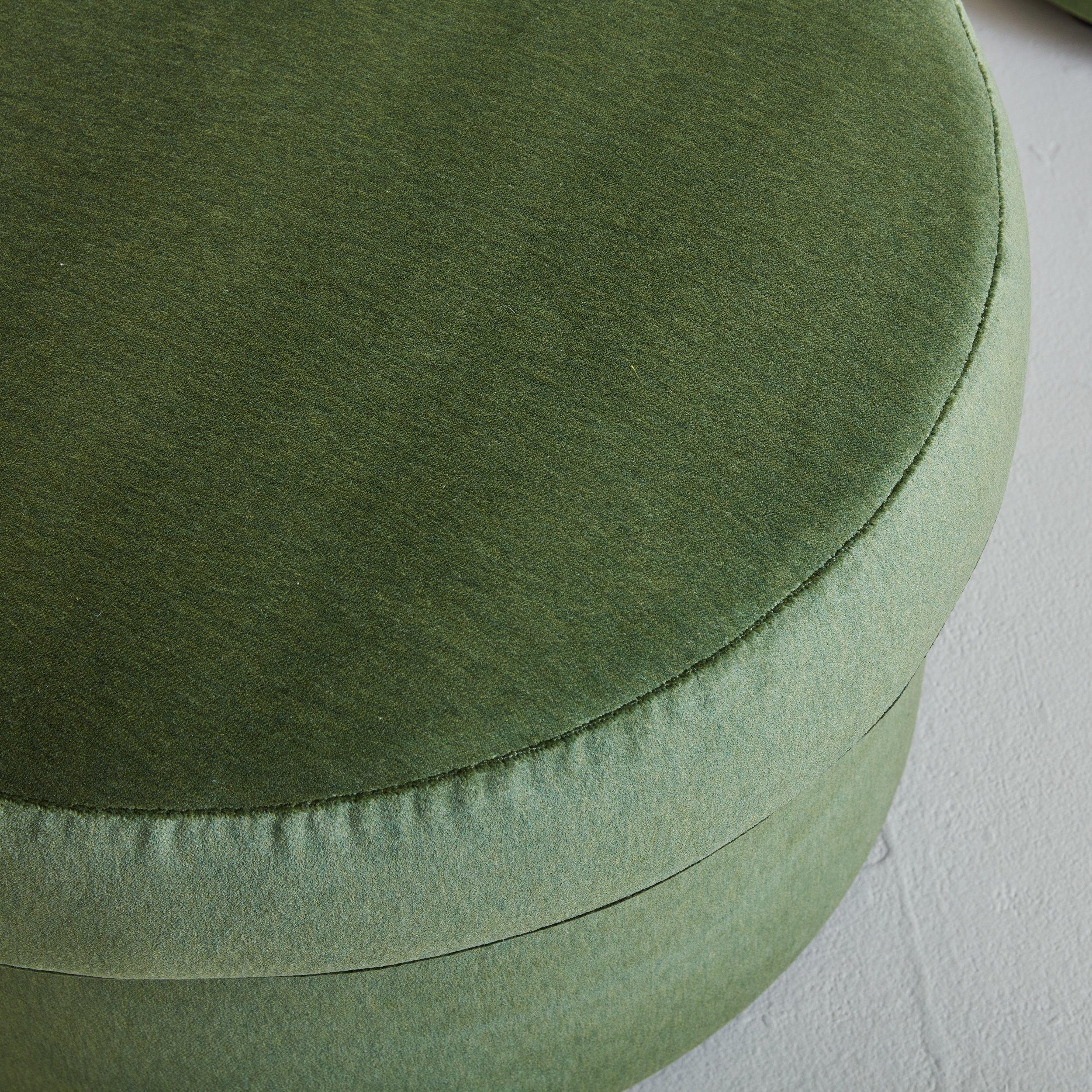 Pair of Round Ottomans in Sage Green Velvet, France 1960s For Sale 1