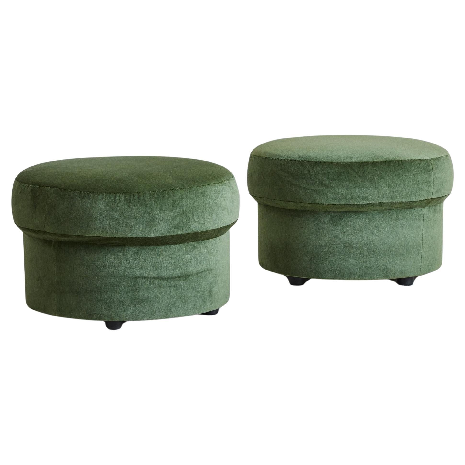 Pair of Round Ottomans in Sage Green Velvet, France 1960s For Sale