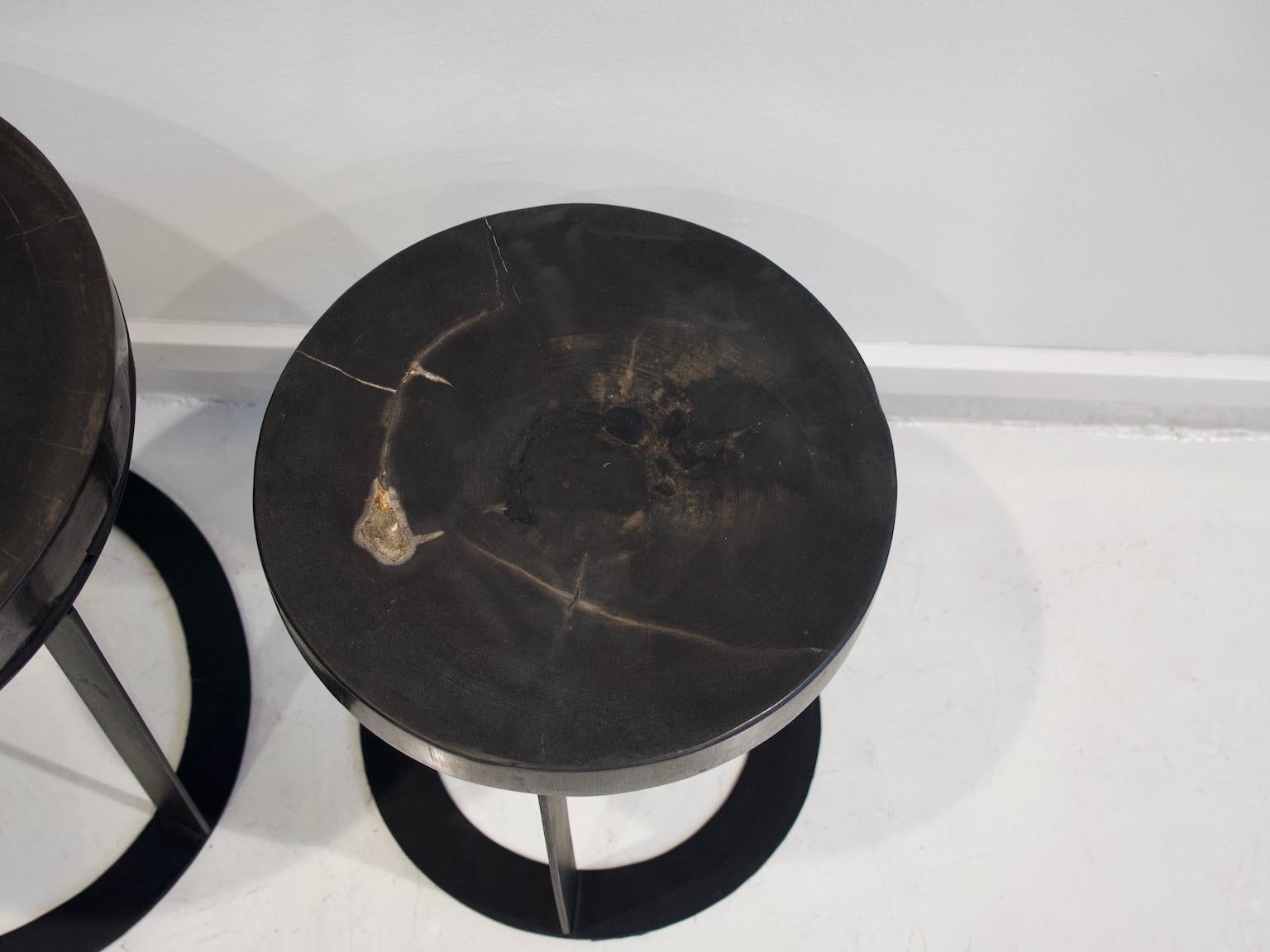 Balinese Pair of Round Petrified Wood Side Tables on Black Metal Base