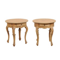 Pair of Round Portuguese Style Vintage Side Tables of Carved Wood