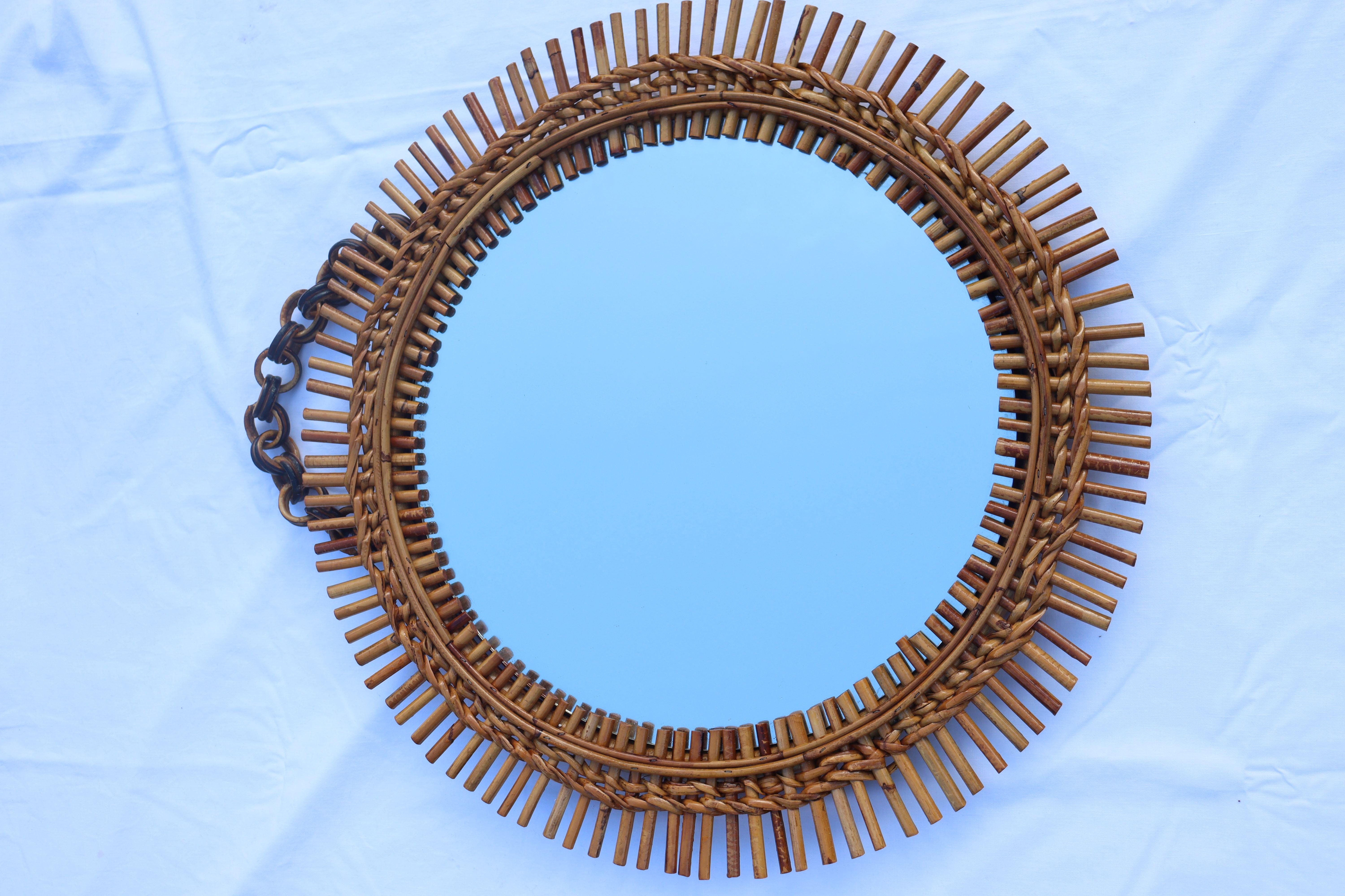 Bohemian Pair Of Round Rattan And Bamboo Mirrors By Franco Albini For Sale