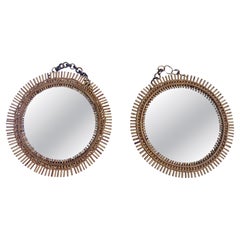 Pair Of Round Rattan And Bamboo Mirrors By Franco Albini