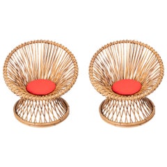 Vintage Pair of Round Rattan Chairs with Removable New Red Cushions, Style of Albini