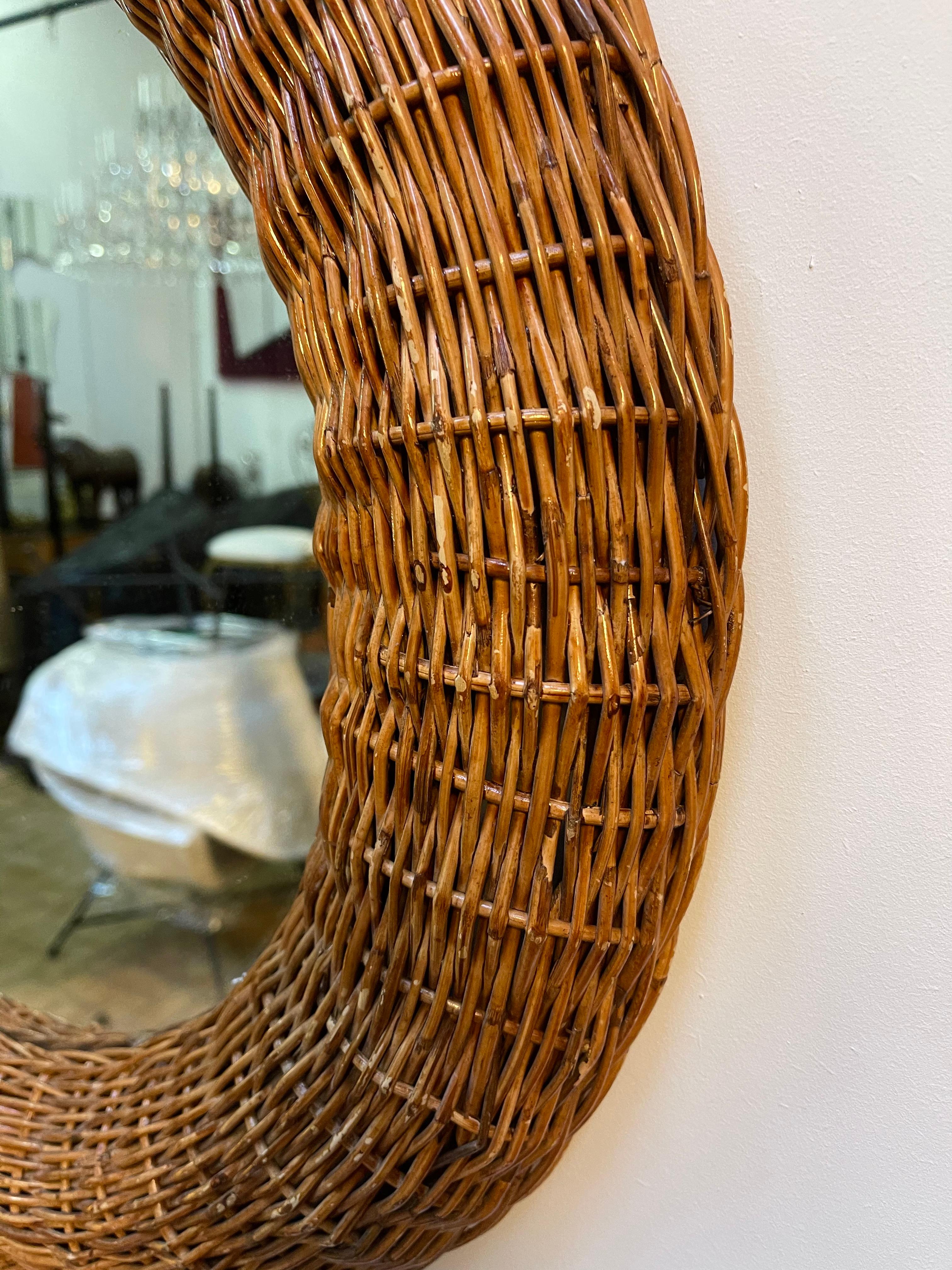 Pair of Round Rattan Mirror, Italy, 1970s For Sale 4