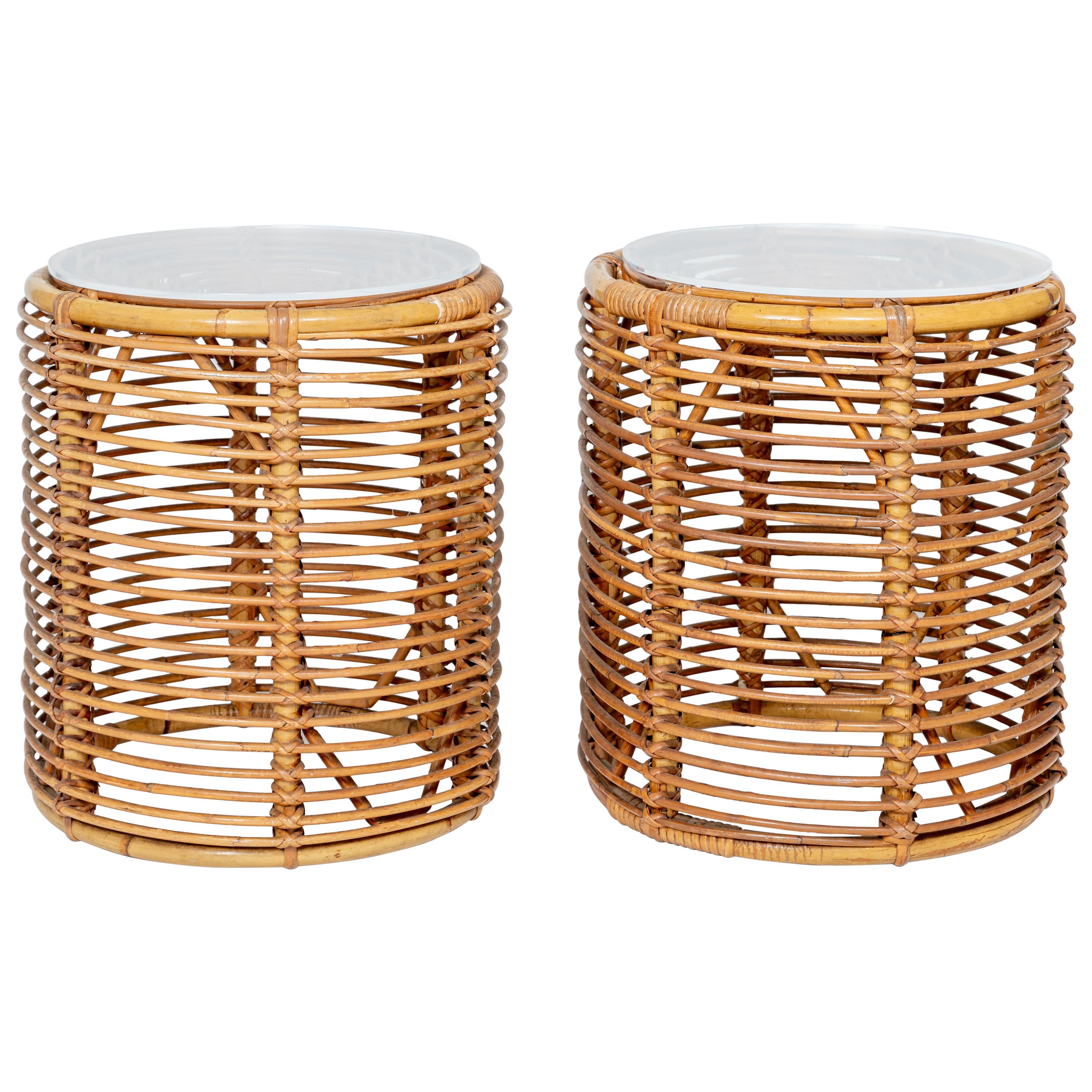 Pair of Round Rattan Ottomans