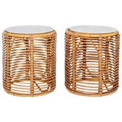 Pair of Round Rattan Ottomans