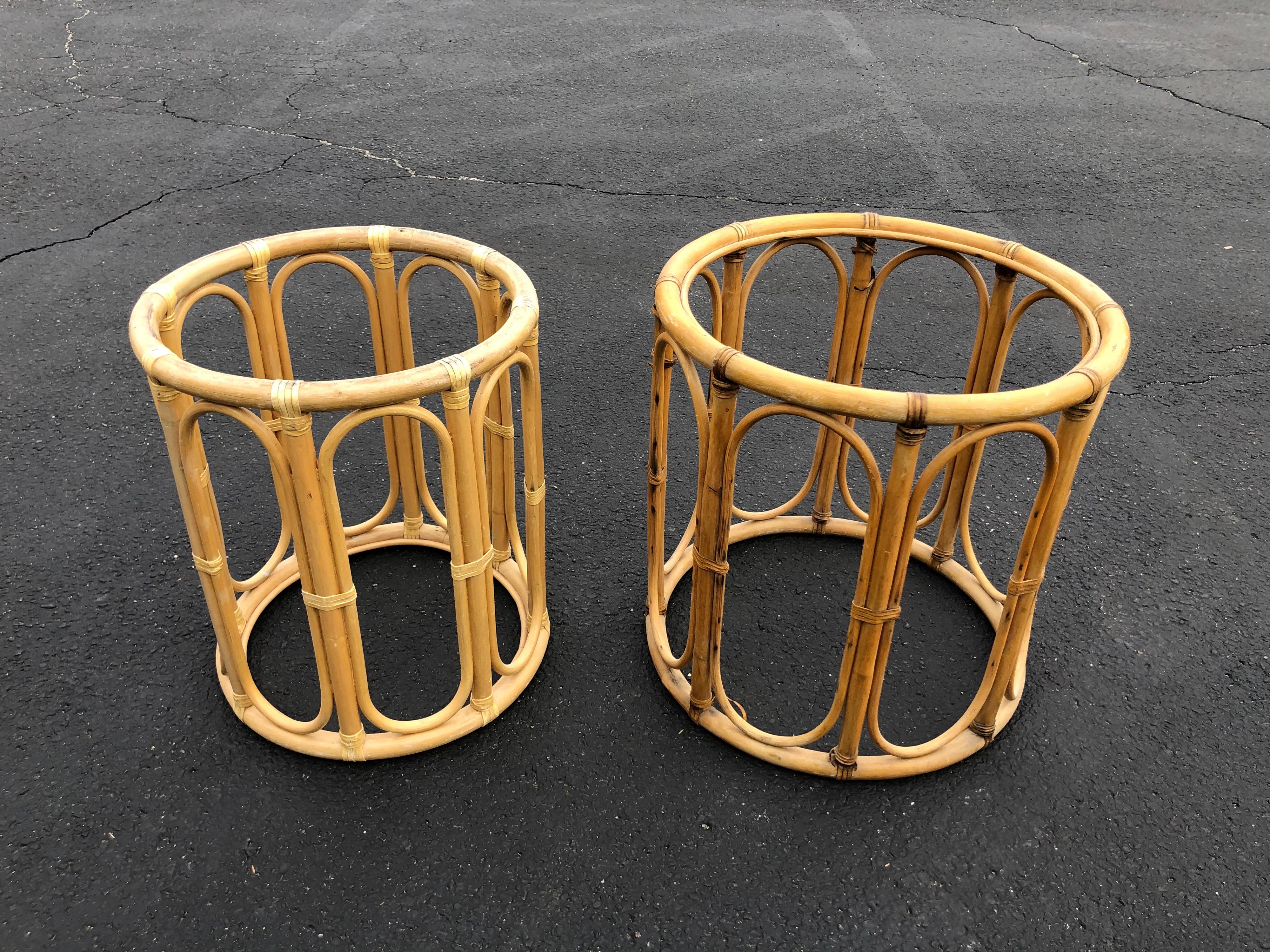 Pair of Boho Chic round rattan tables bases. Just add glass tops. One is large enough to be a dining table base and the other a side table base. Tropical McGuire style tables perfect for that coastal home. These bases can be parcel  shipped for $45