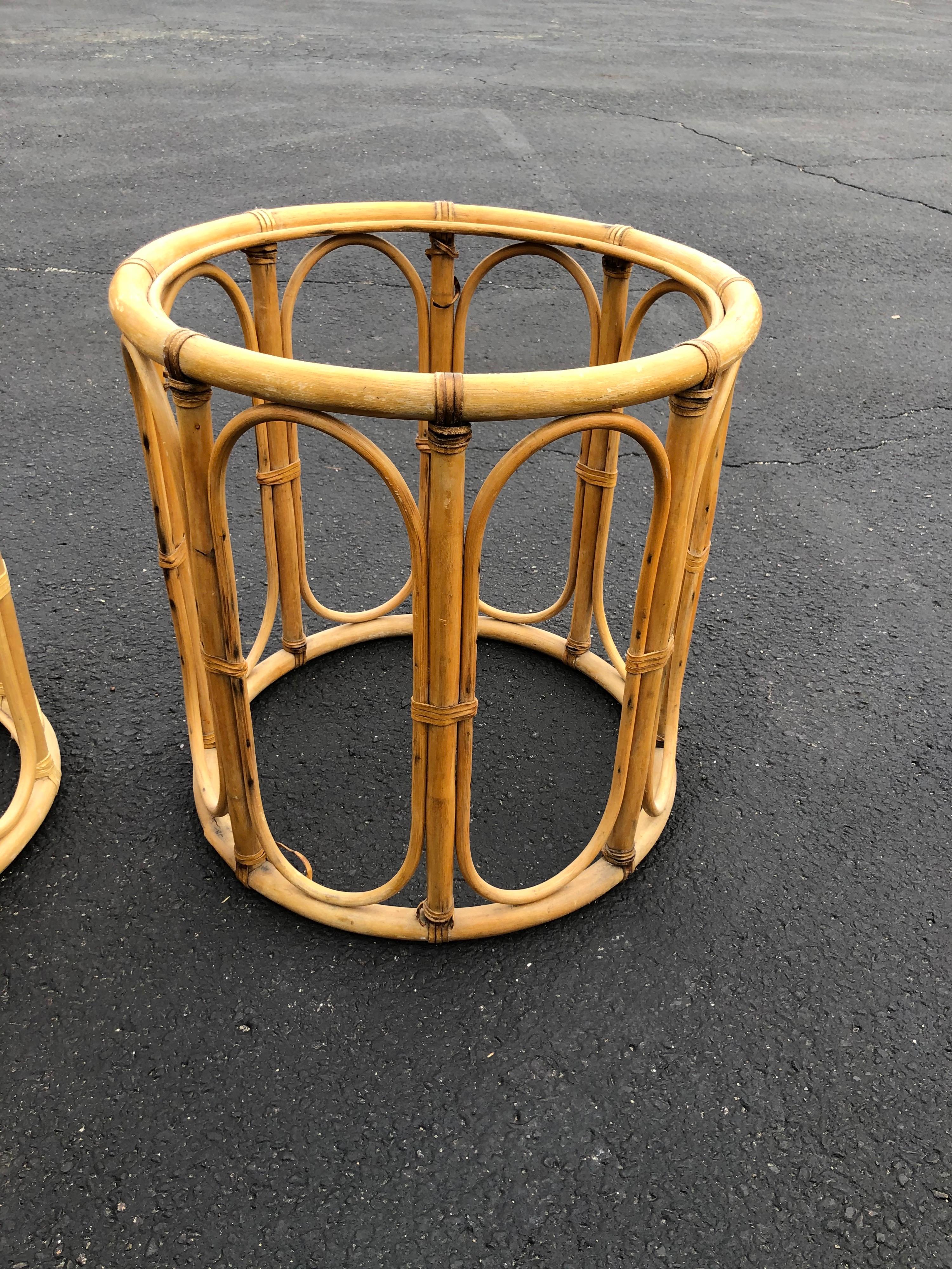Mid-Century Modern Pair of Boho Chic Round Rattan Tables Bases
