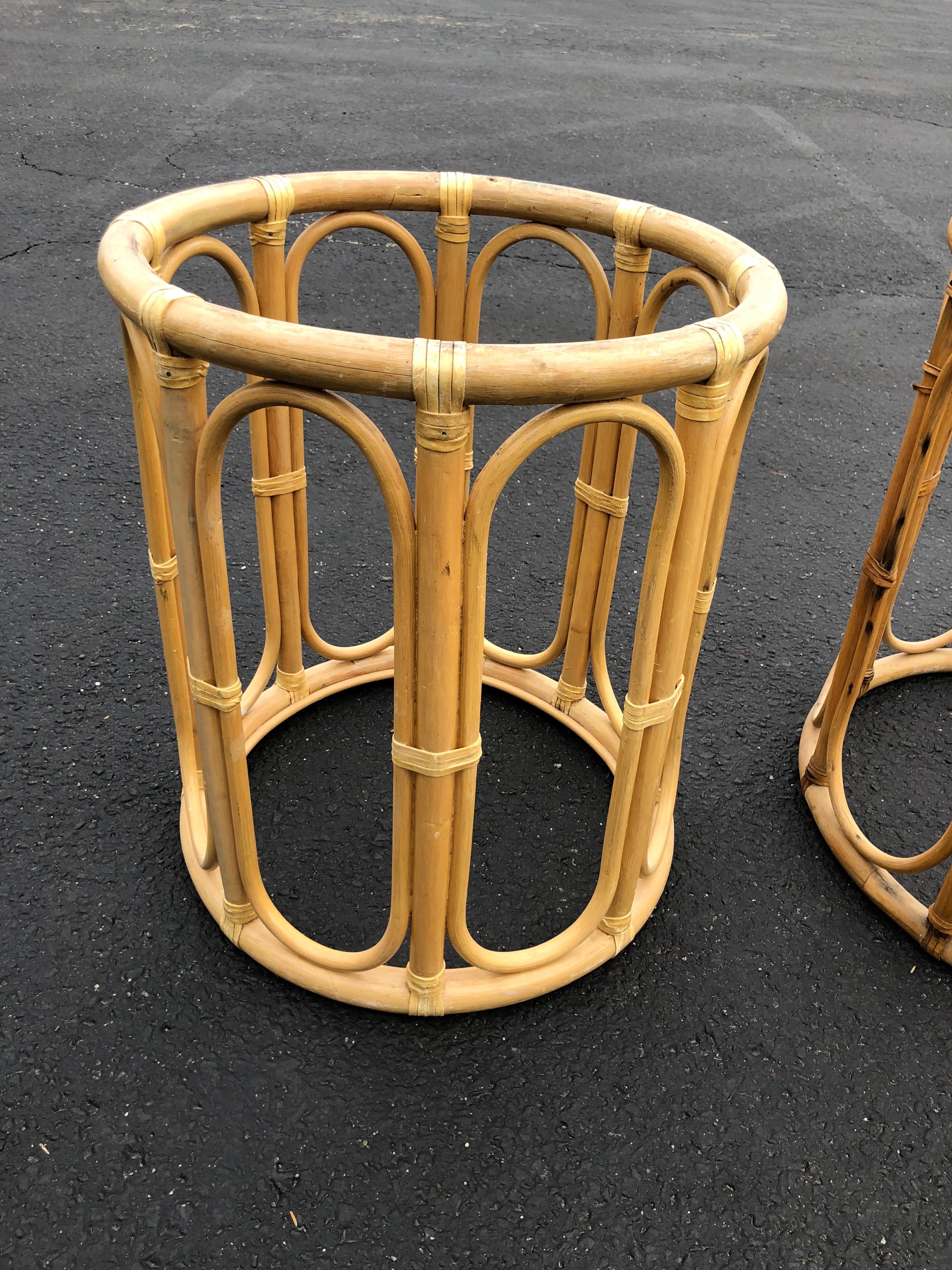 Pair of Boho Chic Round Rattan Tables Bases In Good Condition In Redding, CT