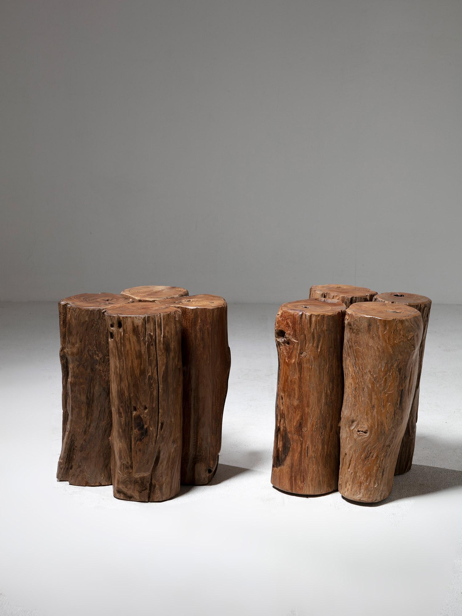 Pair of 60s stools composed by chunks of logs connected together.