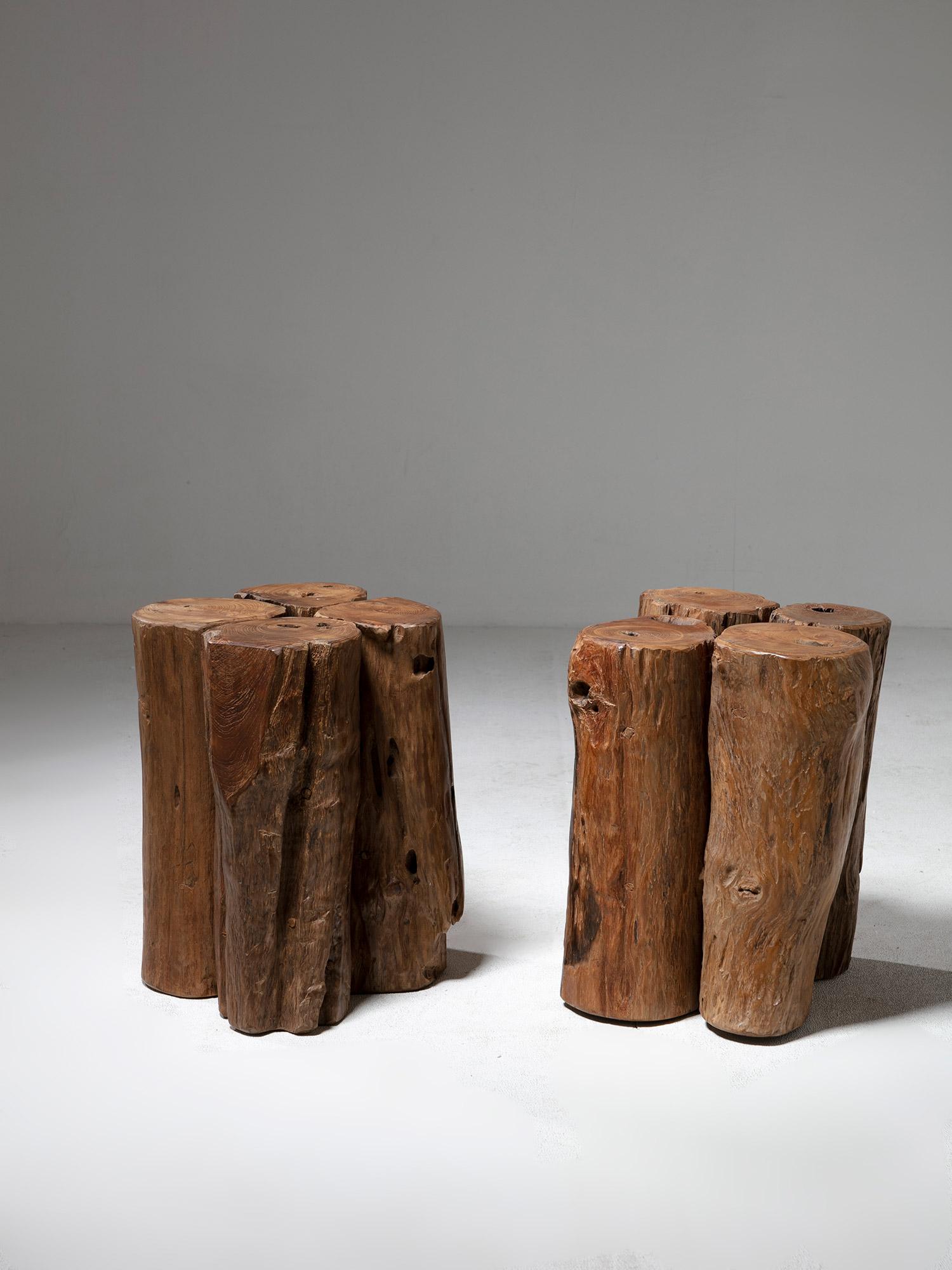 Italian Pair of Round Raw Solid Wood Logs Stools, Italy, 1960s For Sale
