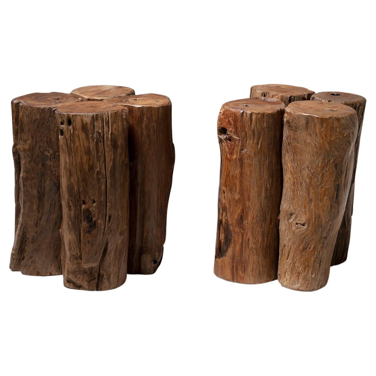 Pair of Round Raw Solid Wood Logs Stools, Italy, 1960s For Sale