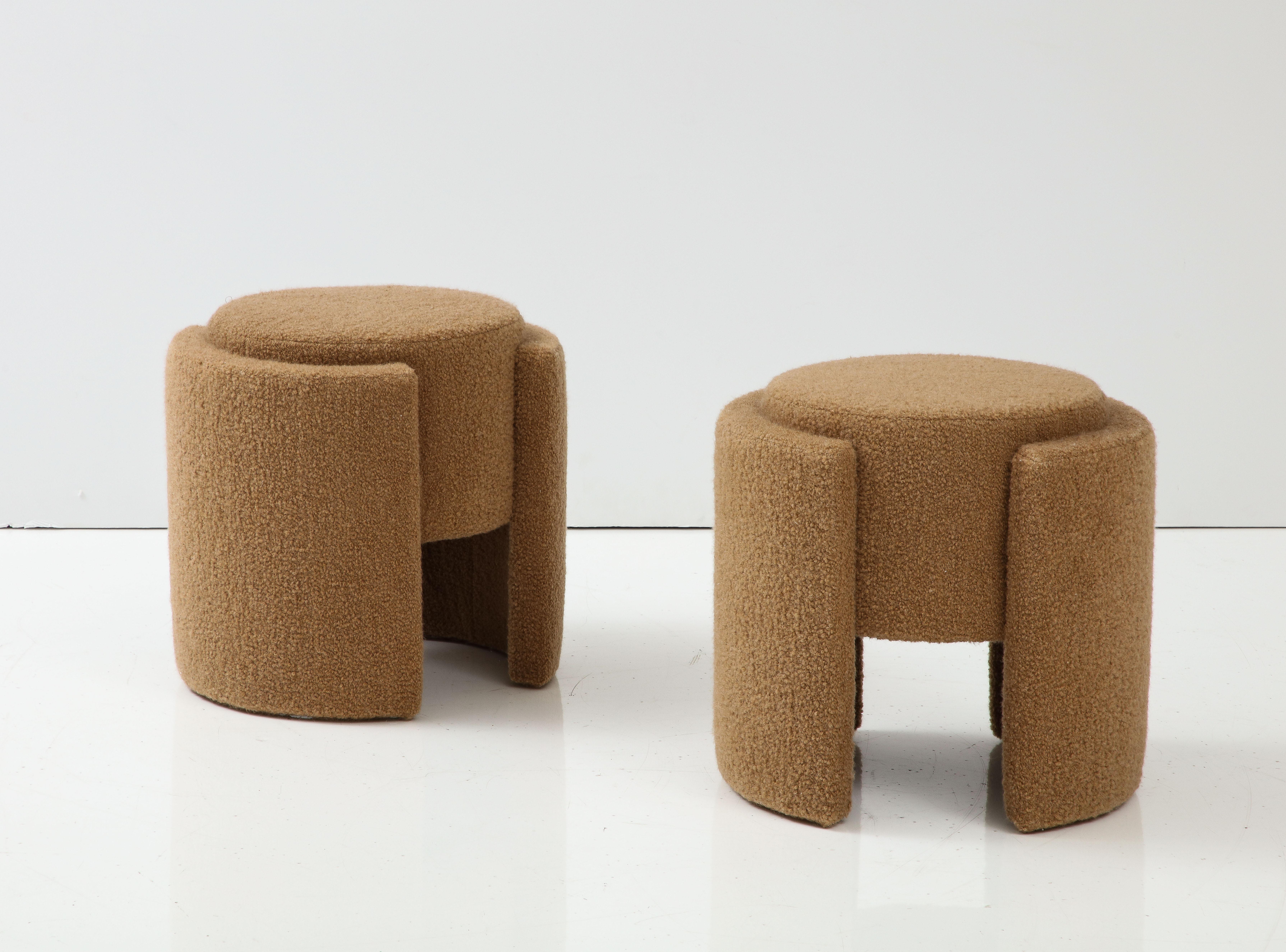 Mid-Century Modern Pair of Round Sculptural Poufs or Stools in Camel Boucle, Italy, 2023