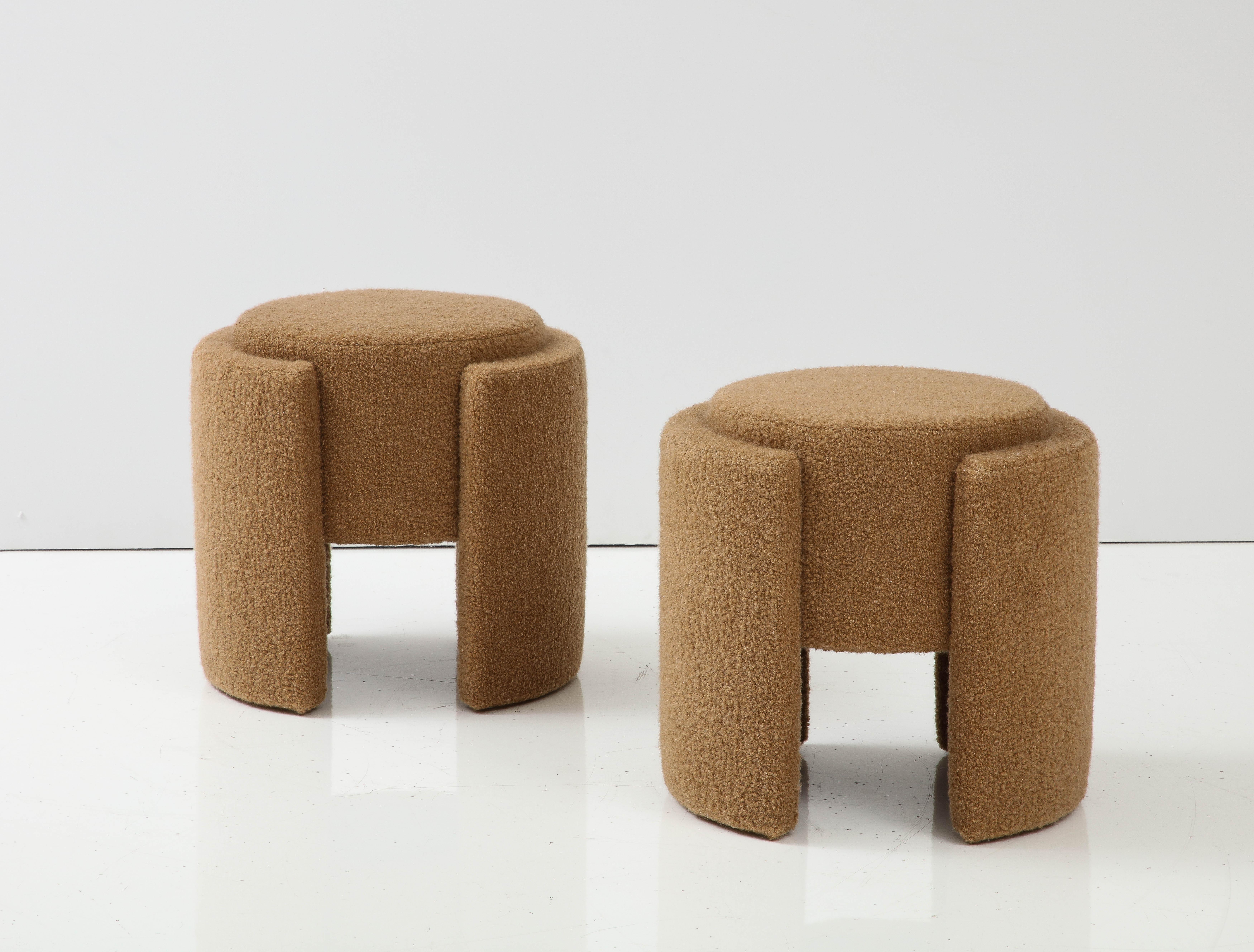Italian Pair of Round Sculptural Poufs or Stools in Camel Boucle, Italy, 2023
