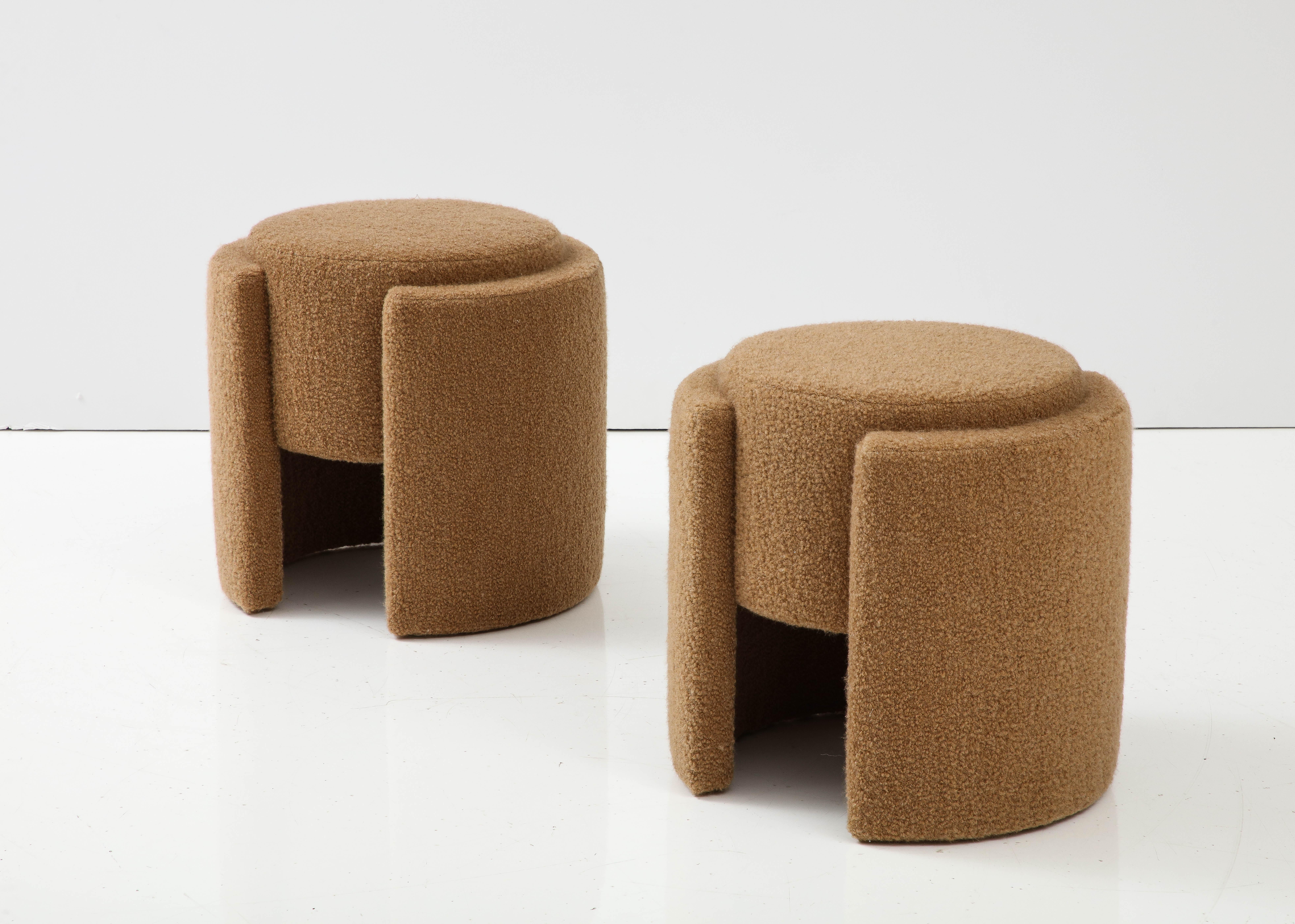 Hand-Crafted Pair of Round Sculptural Poufs or Stools in Camel Boucle, Italy, 2023